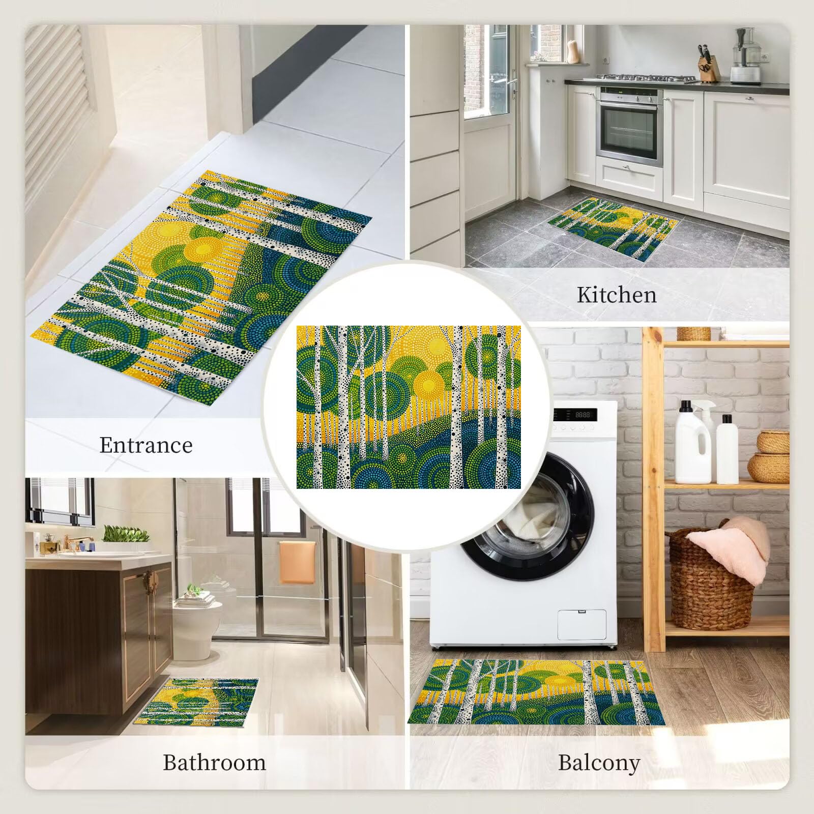 Zerbino Ingresso Interno 80X120Cm Foresta Astratta Pois Tappeto Lavabile Antiscivolo Dipinto Olio Raffigurante Betulla Passatoia Corridoio Sottile Zerbino Per Porta Di Casa Cucina Ufficio,Giallo-Verde