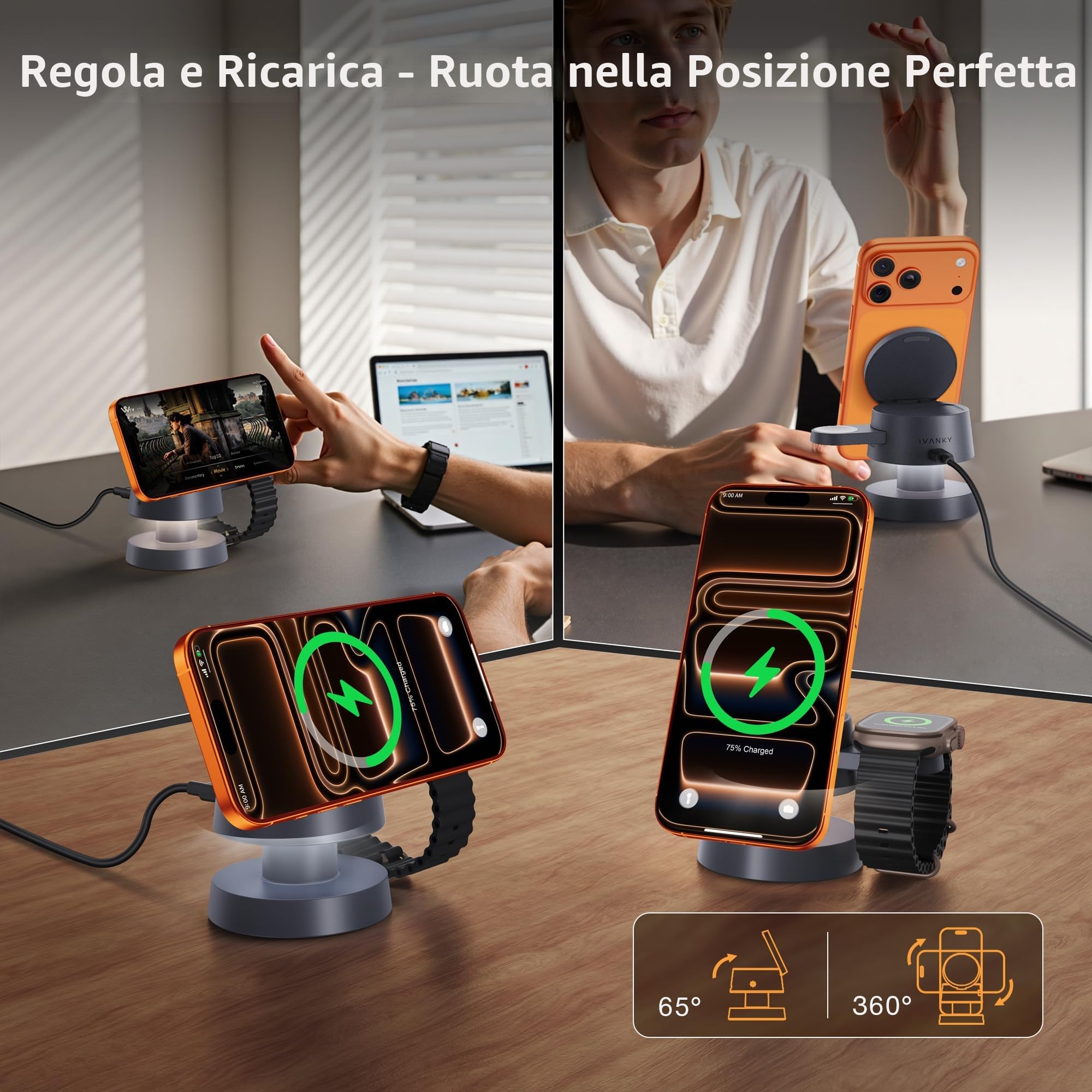 iVANKY 4 in 1 Caricabatterie wireless per iPhone 17e Stazione di ricarica con luce notturna, Qi2 15W 3 in 1 MagSafe caricabatterie per iPhone 17/16/15/14/13/12/11/Pro/Max, Apple iWatch, Airpods