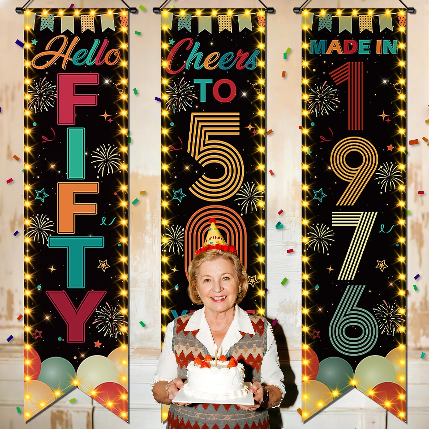 3 Pieces Vintage 50th Birthday Party Banners 50th Birthday Decorations for Men Women 1976 Porch Signs Cheers to 50th Hanging Backdrops Fifty Birthday Party Door Wall Decor Supplies