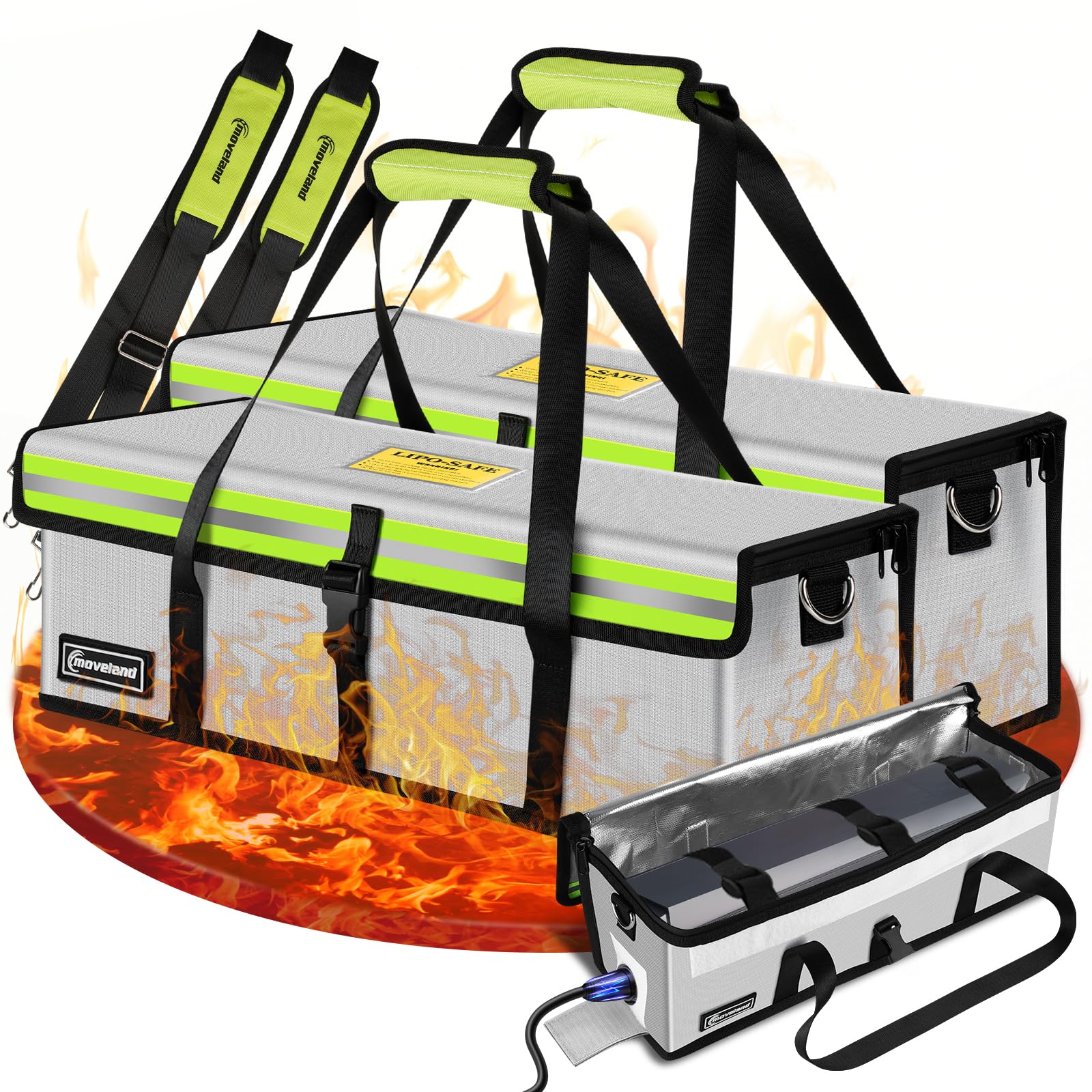 moveland 2 szt. torba na akumulator elektryczny, ognioodporna, do 1400 °C – odporna na wybuchy torba na baterie, 42,5 x 14,5 x 14,5 cm, potrójna ochrona, akumulator elektryczny, skrzynka