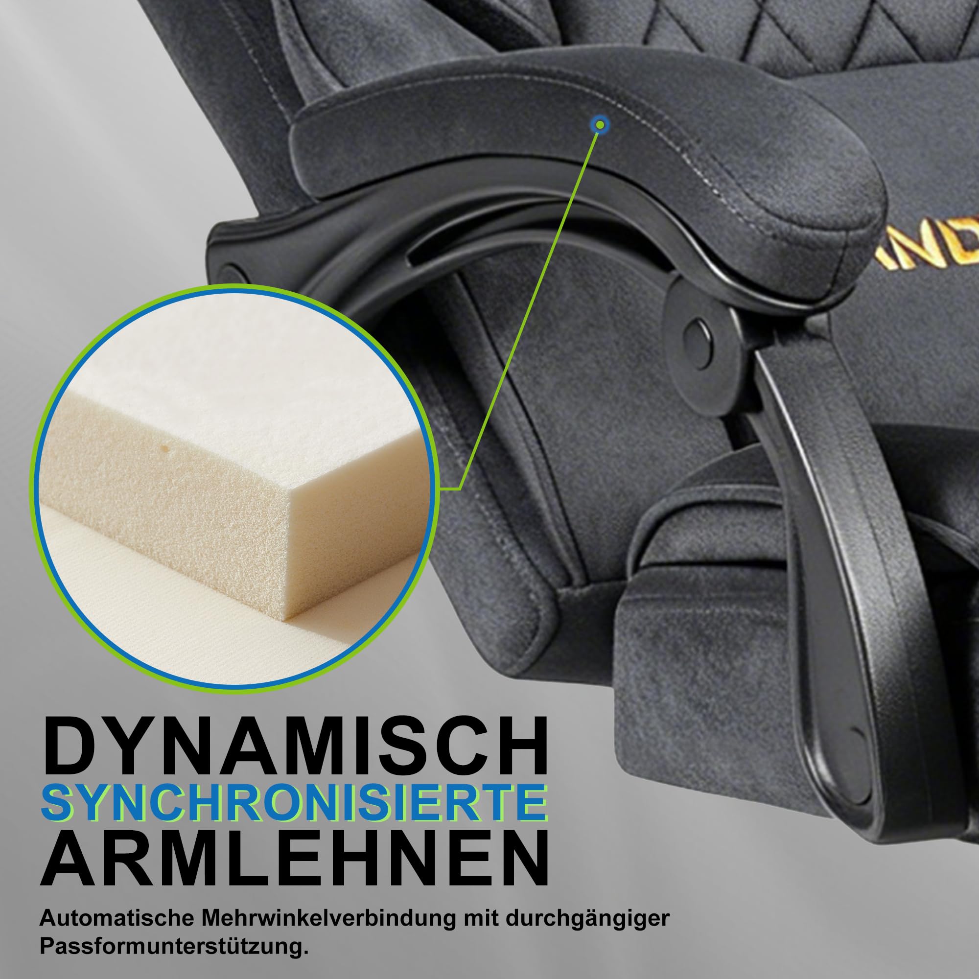 Andyou Gaming Stuhl mit Fußstütze–ergonomischer Bürostuhl, Rückenlehne 90–155°mit verbundenen Armlehnen, Suède-Bezug, Federsitzkissen, Schreibtischstuhl, belastbar bis 150 kg, grau