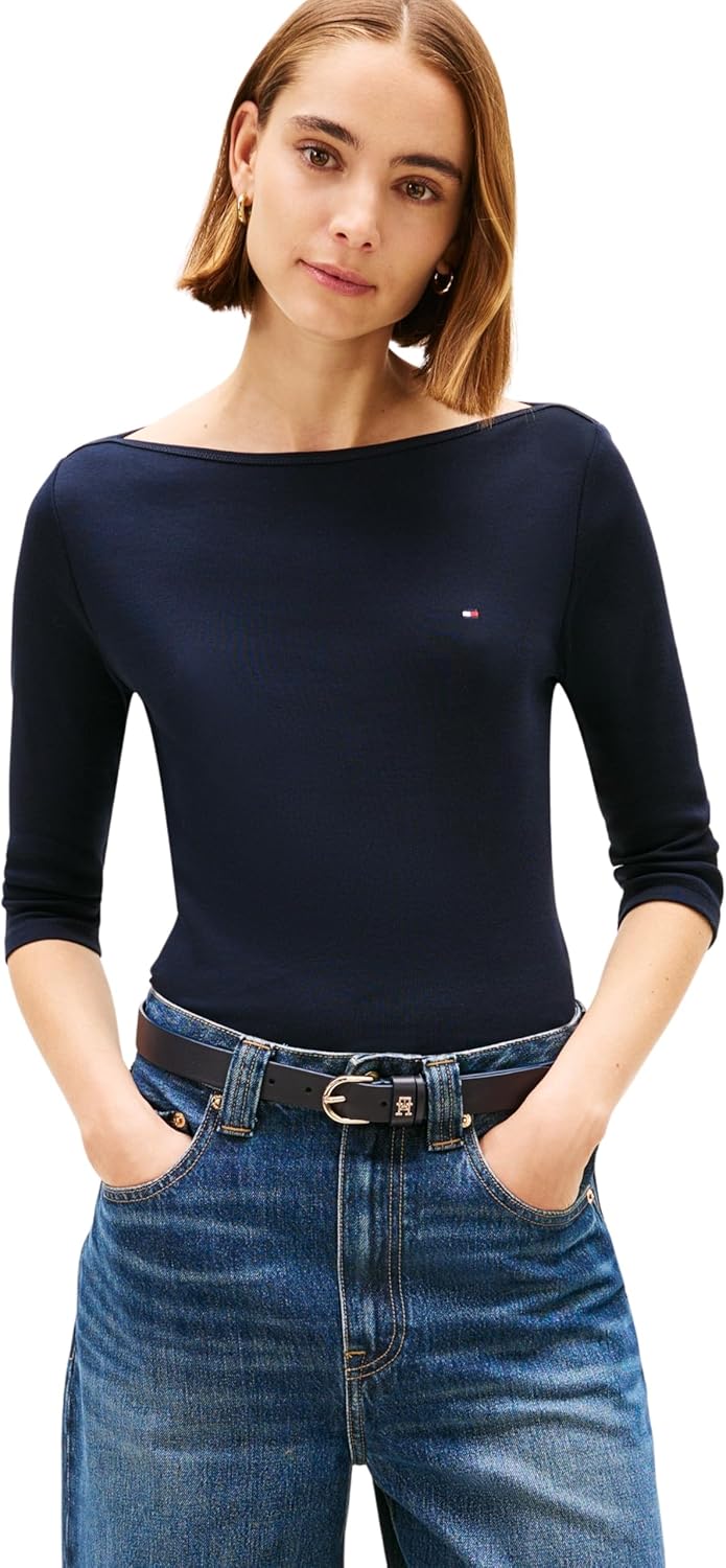 T-shirt slim a maniche lunghe con scollo a barca Tommy Hilfiger da donna