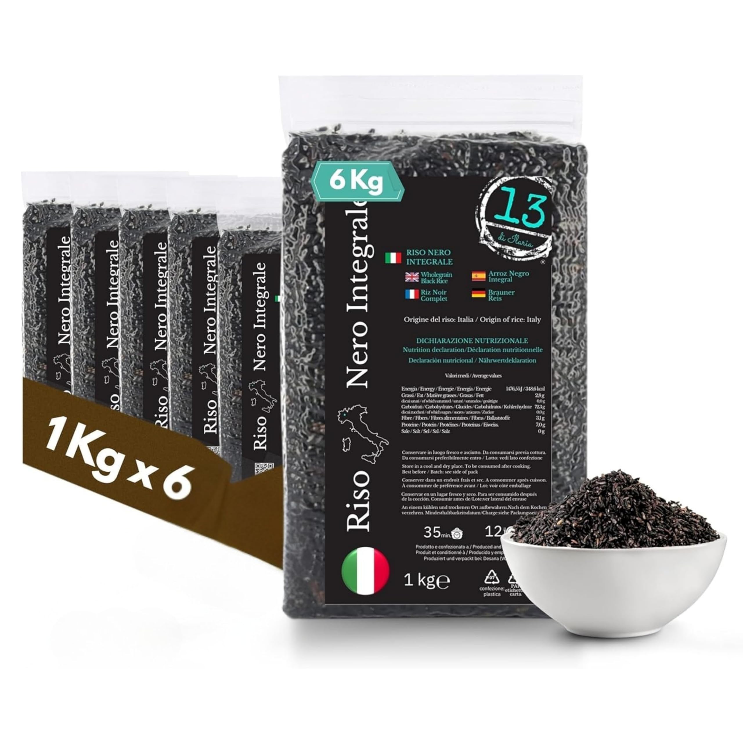 Schwarzer Vollkornreis 6 kg (6 x 1 kg, Venere-Typ) aus Italien | 6 x 1 kg schwarzer Vollkornreis aus Italien (Venere-Typ), ballaststoffreich, glutenfrei, ideal für Bowls und Meal Prep