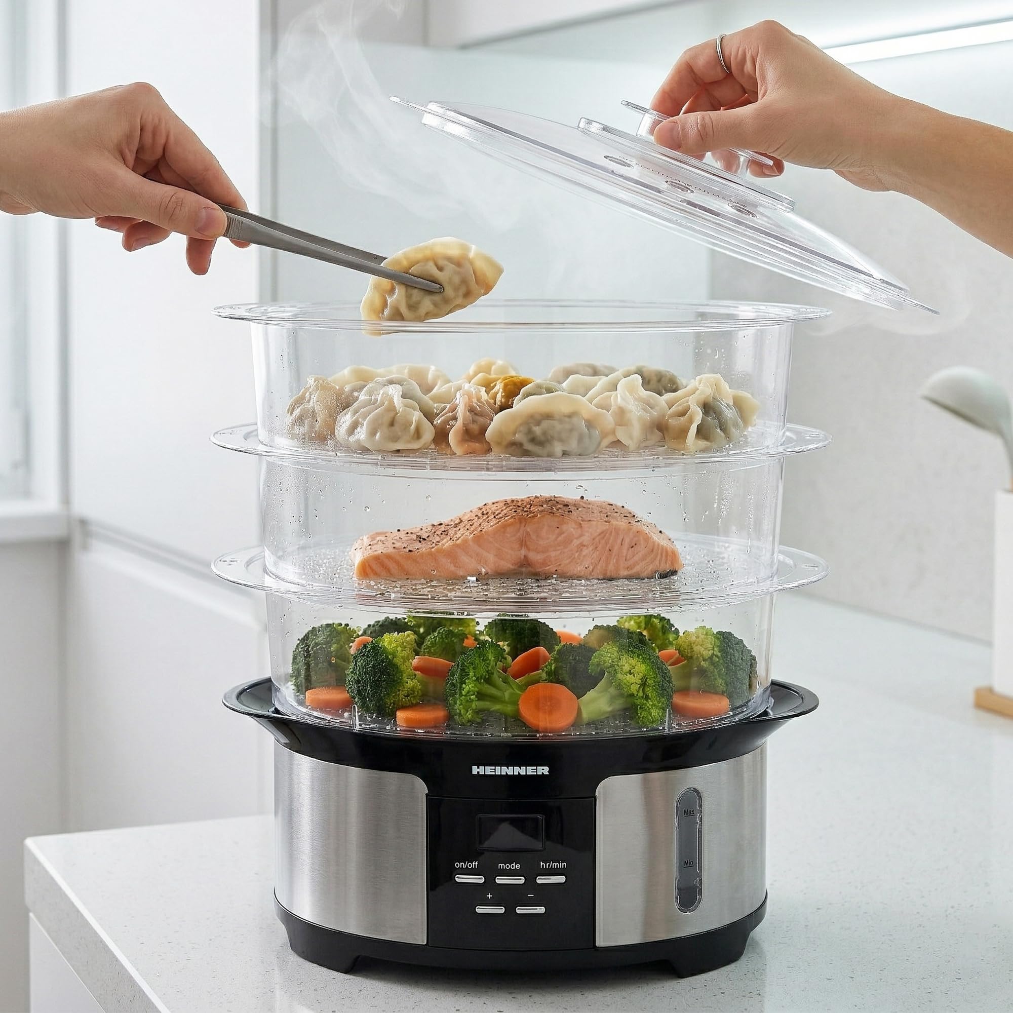ONE STEAM Dampfgarer 12 L – 3 Etagen, 5 Garprogramme & Startvorwahl bis 12 Std für komplette Mahlzeiten auf Knopfdruck (1000 W, Edelstahl-Gehäuse)