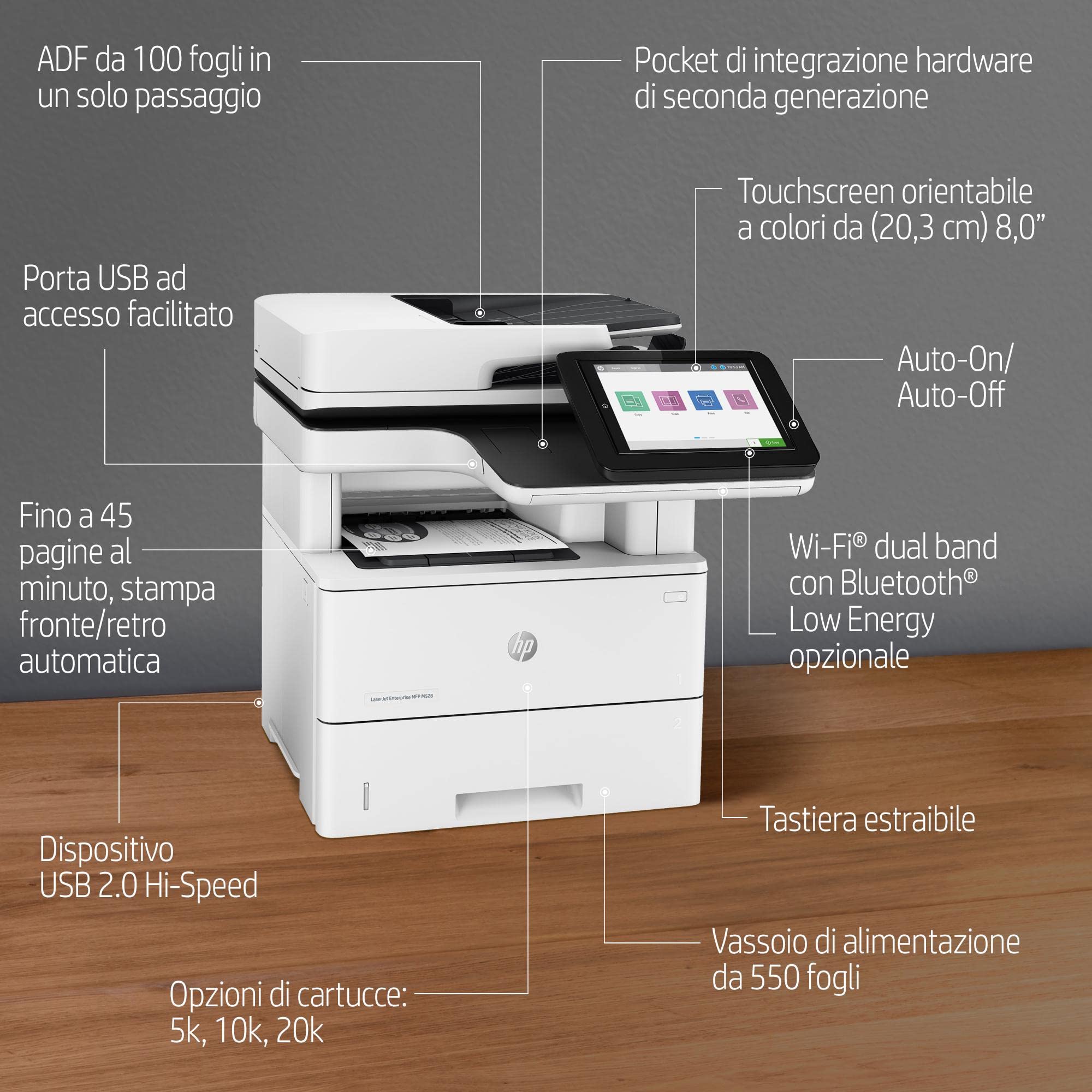 HP LaserJet Enterprise M528dn 1PV64A, Stampante Multifunzione A4, Stampa Fronte e Retro Automatica in b/n, 50 ppm, USB, Gigabit Ethernet, Fax Opzionale, HP Smart, Schermo Touch da 20,3 cm, Bianca