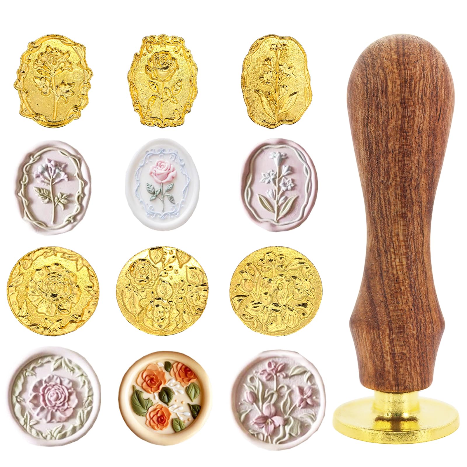 6Pcs Flower Wax Seal Stamp Kit Retro Tulip Rose Flowers Sealing Wax Stamp Seal Kit With Handle Round Oval Brass Head Floral Waxs Stamps Set For