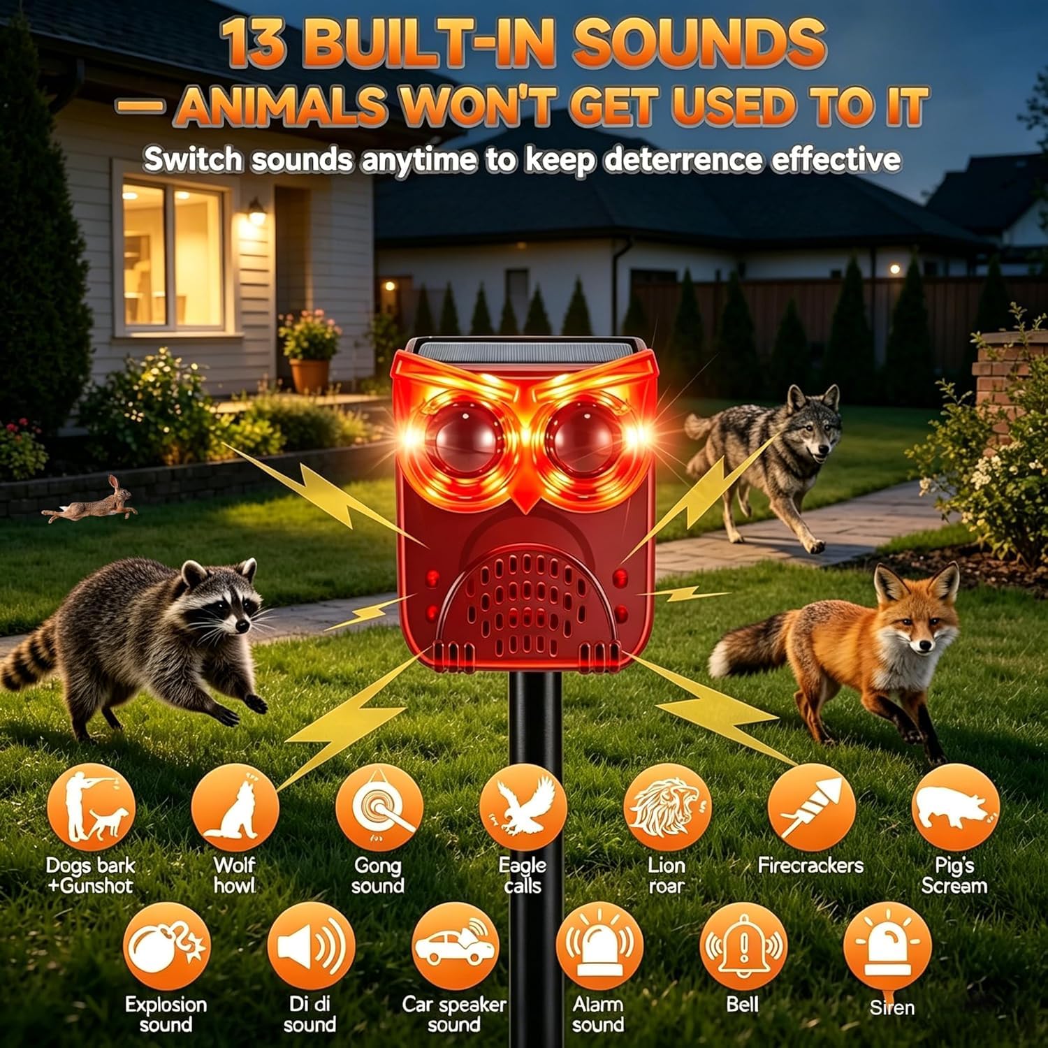 Alarma solar con sensor de movimiento para exteriores, 129 dB, alarma auditiva, seguridad intermitente, 13 sonidos para perros, barcas y disparos, jardín, granja, defensa de animales (2