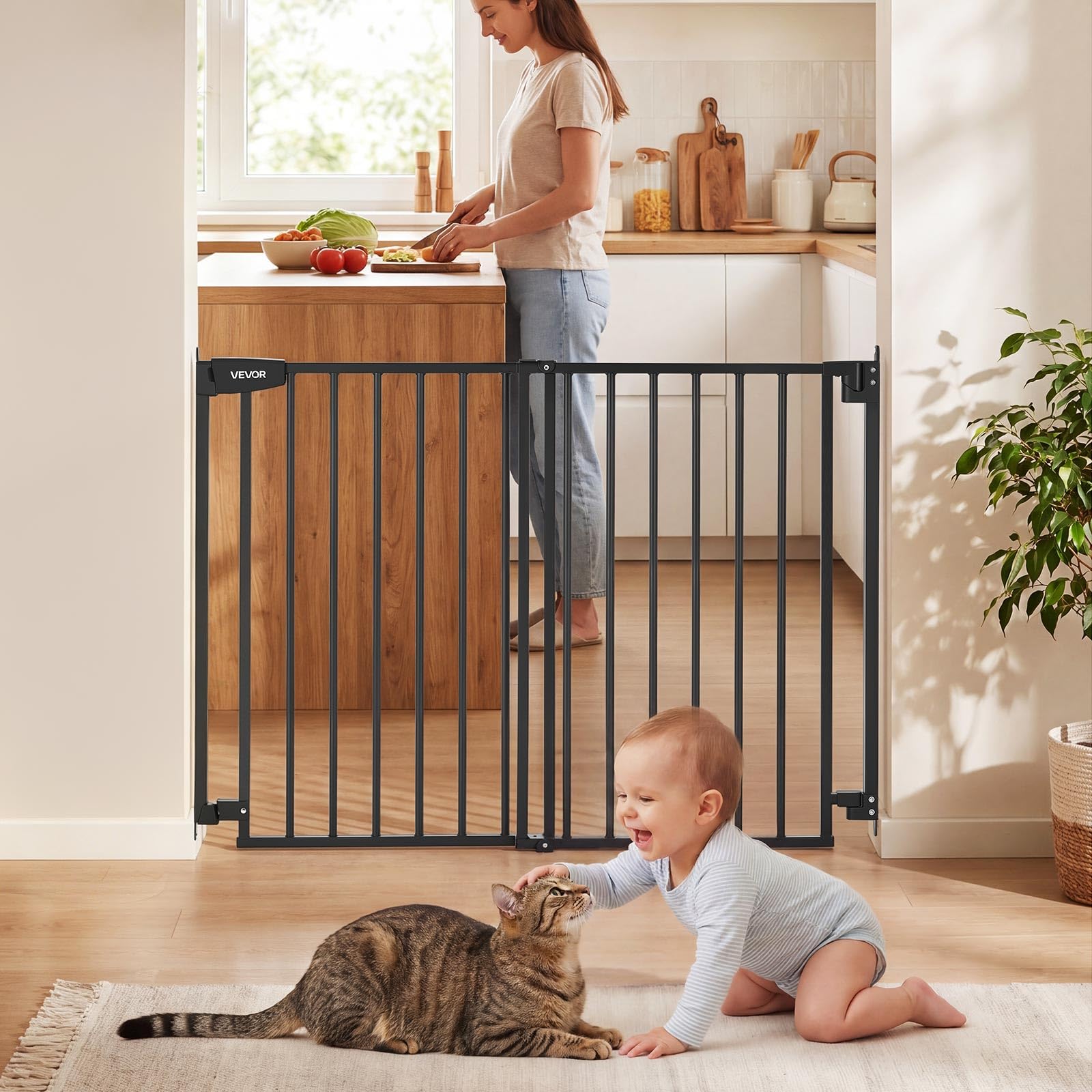 VEVOR Barrière de Sécurité Bébé, Largeur Réglable 720-1085 mm, Barrière Porte Chien, Hauteur 920 mm, sans Barre au Sol, Fixation par Perçage avec Accessoires, pour Escaliers, Passages et Maison, Noir