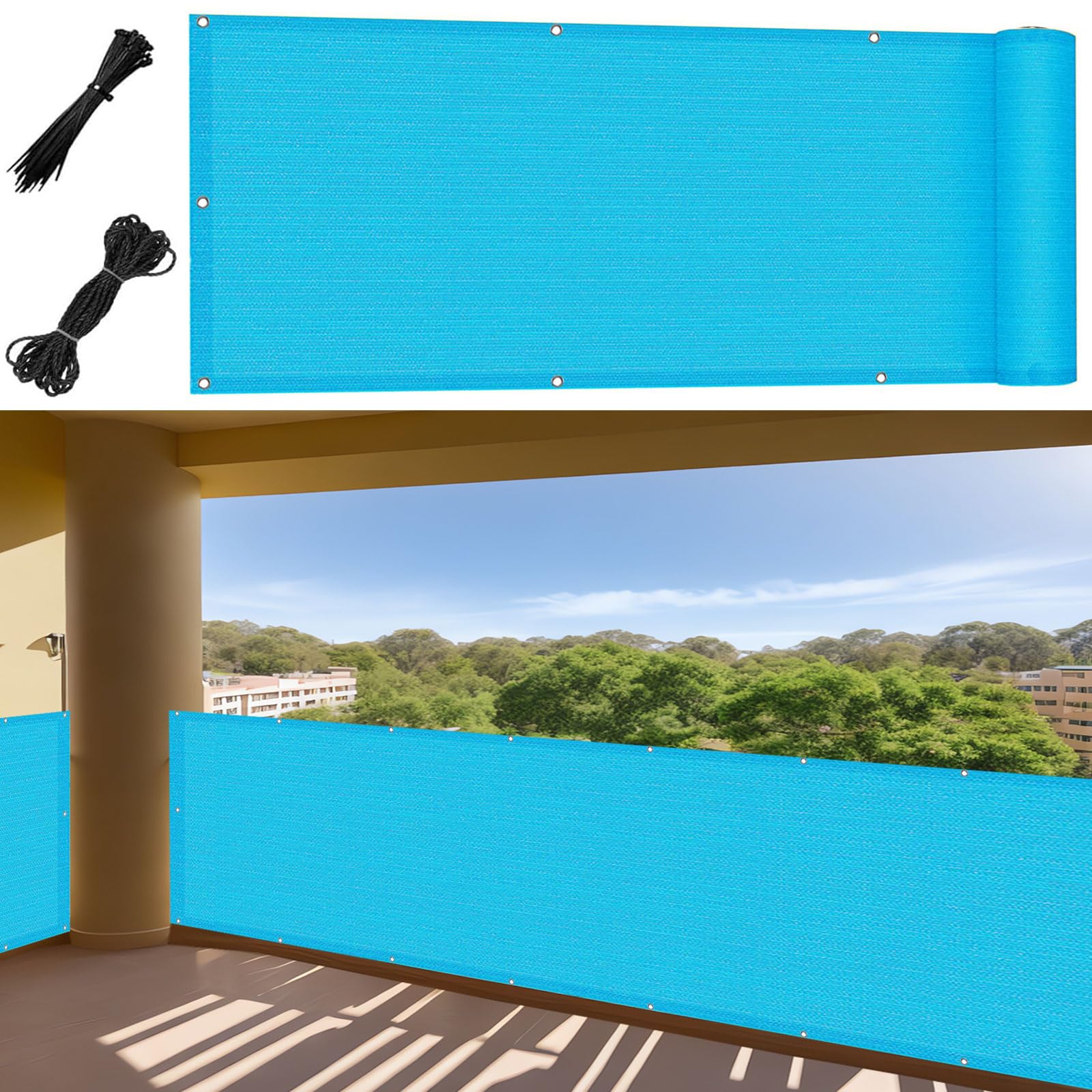 Brise vue balcon contre les regards et le vent en toile HDPE bleu ciel 70x210