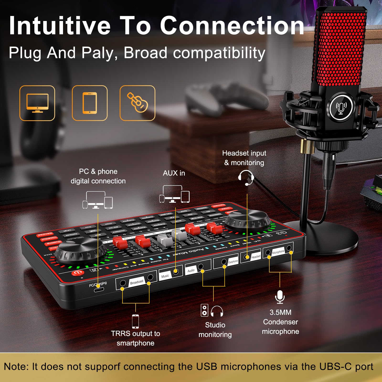G3 Audio Mixer for Podcast Equipment Bundle，Live Sound Card for Streaming，Audio Interface DJ Mixer Sound Card/Board Condenser Microphone for Tiktok Gaming Video Content Creator