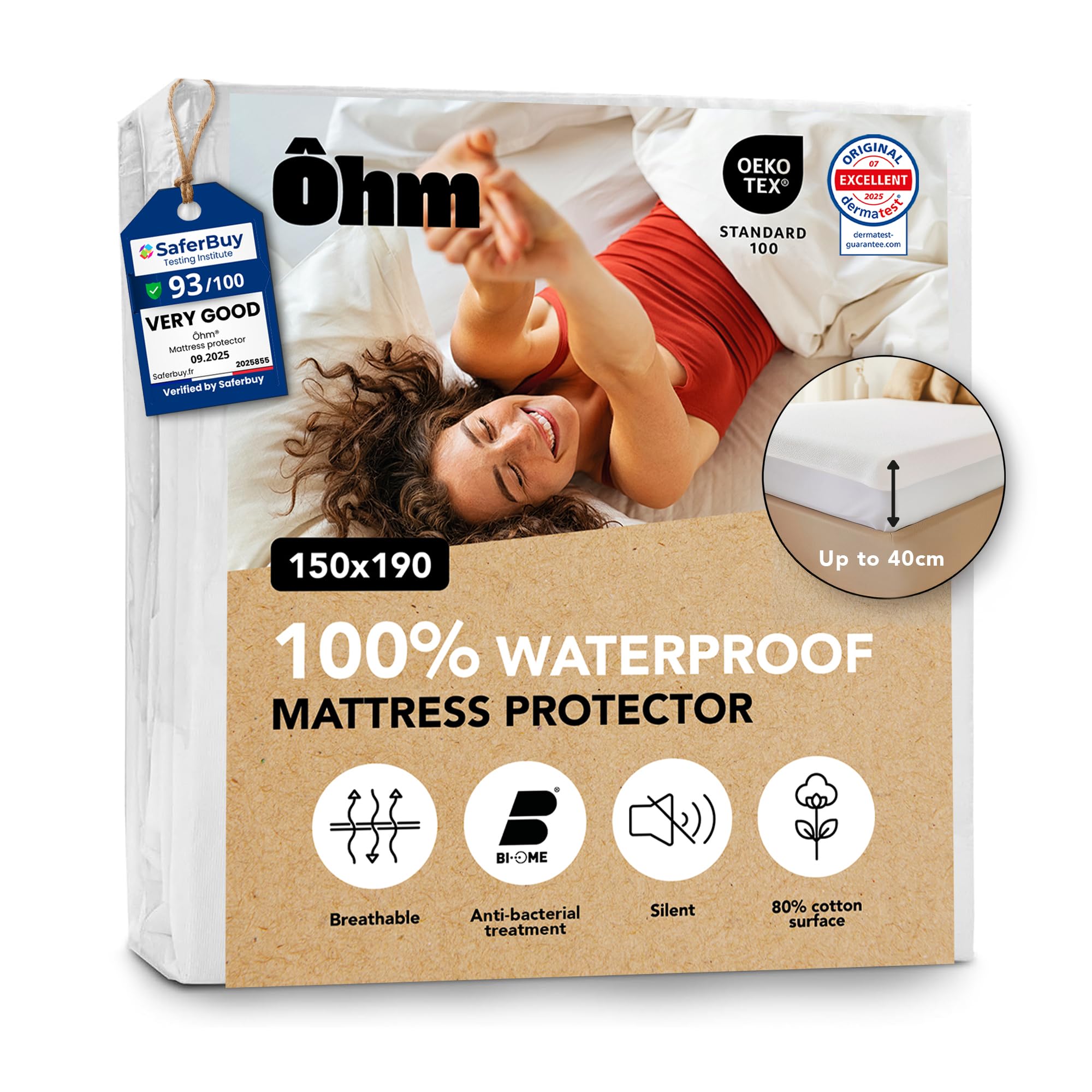 Waterproof Mattress Protector | 150x190 cm | Hypoallergenic & Absorbent Cotton | Fitted Sheet Style | Noise-free | Anti-Dust Mite | Fits up to 40 cm Deep | OEKO-TEX Certified | Ôhm