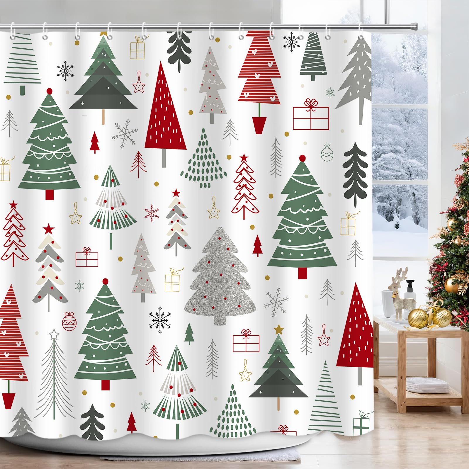APROPHIC Weihnachtsduschvorhänge, Farbige Weihnachtsbaum Duschvorhänge mit 12 Haken, Wasserdicht, Langlebig, 180x180 cm
