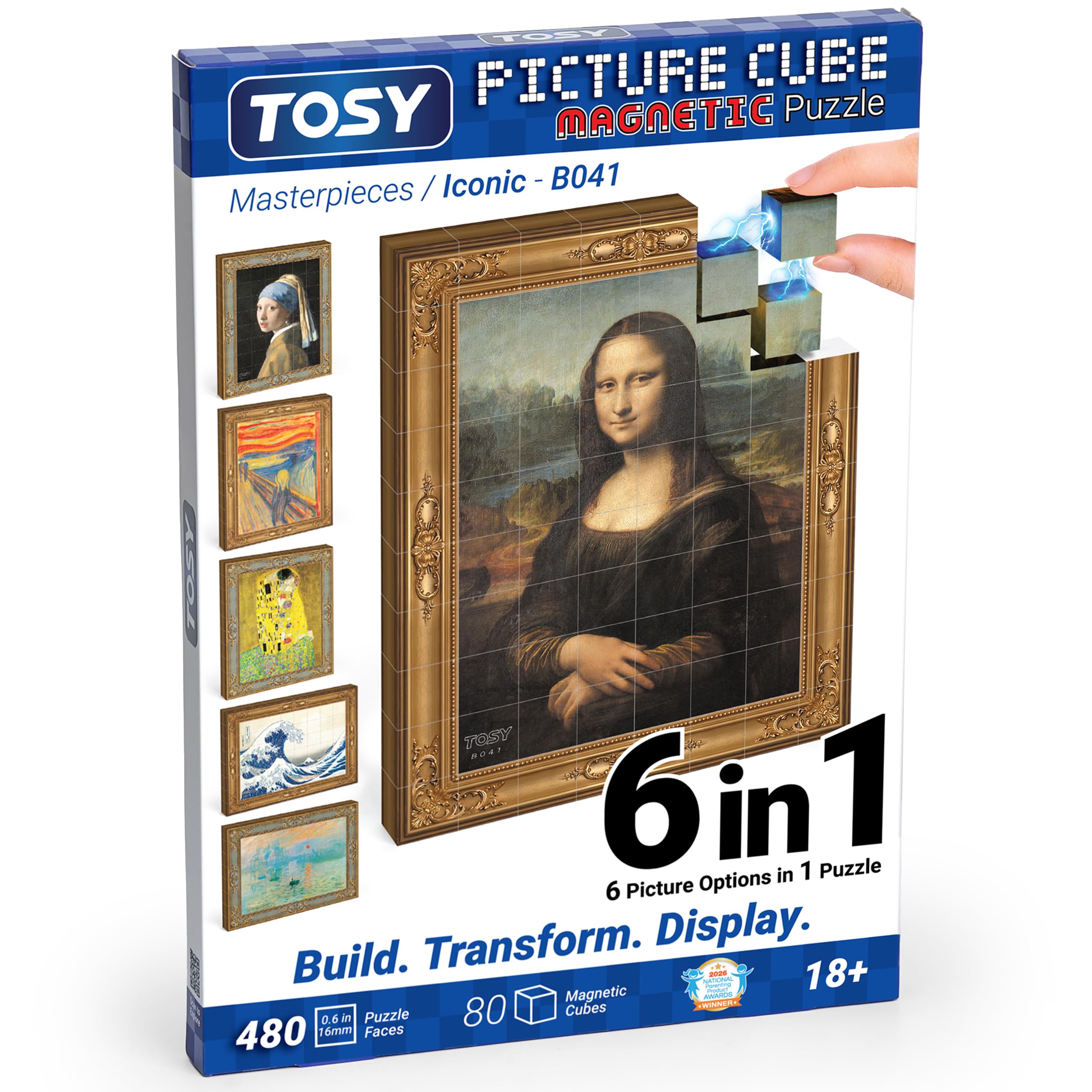 TOSY Picture Cube Iconic Masterpieces: 6-in-1 Magnetic Picture Puzzle, 80 Blocks, 488 Faces/Magnets, 0.6in, B041, Seamless UV Art, Display-Ready Frame, Collectible, STEM/STEAM Gift for Kids & Adults