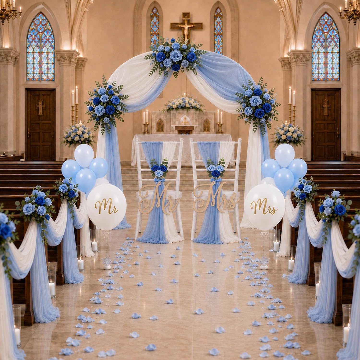 Cinrobiye 45 Pcs Dusty Blue Ivory Wedding Arch Decor Kit with Chiffon Drapes, Artificial Flower Garland, Chair Sashes, Mr & Mrs Signs, Balloons for Wedding Ceremony, Reception, Bridal Shower