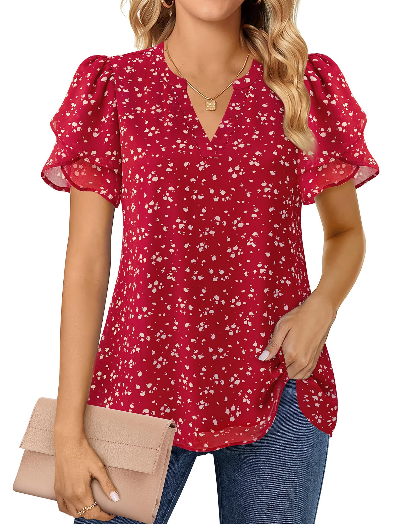 Lotusmile Womens Dressy Chiffon Blouses Summer Puff Petal Short Sleeve Shirts V Neck Casual Work Tops