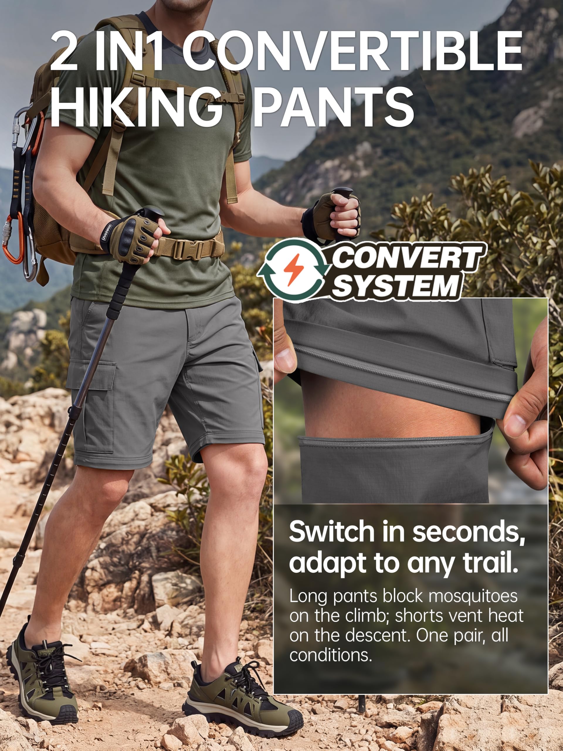 FREE SOLDIER Pantalon de randonnée convertible imperméable léger à séchage rapide pour homme