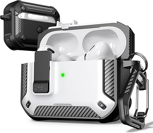 R-fun Funda para AirPods Pro 2 con kit de limpieza, elementos de fibra de carbono, a prueba de caídas militares, soporte para teléfono y base