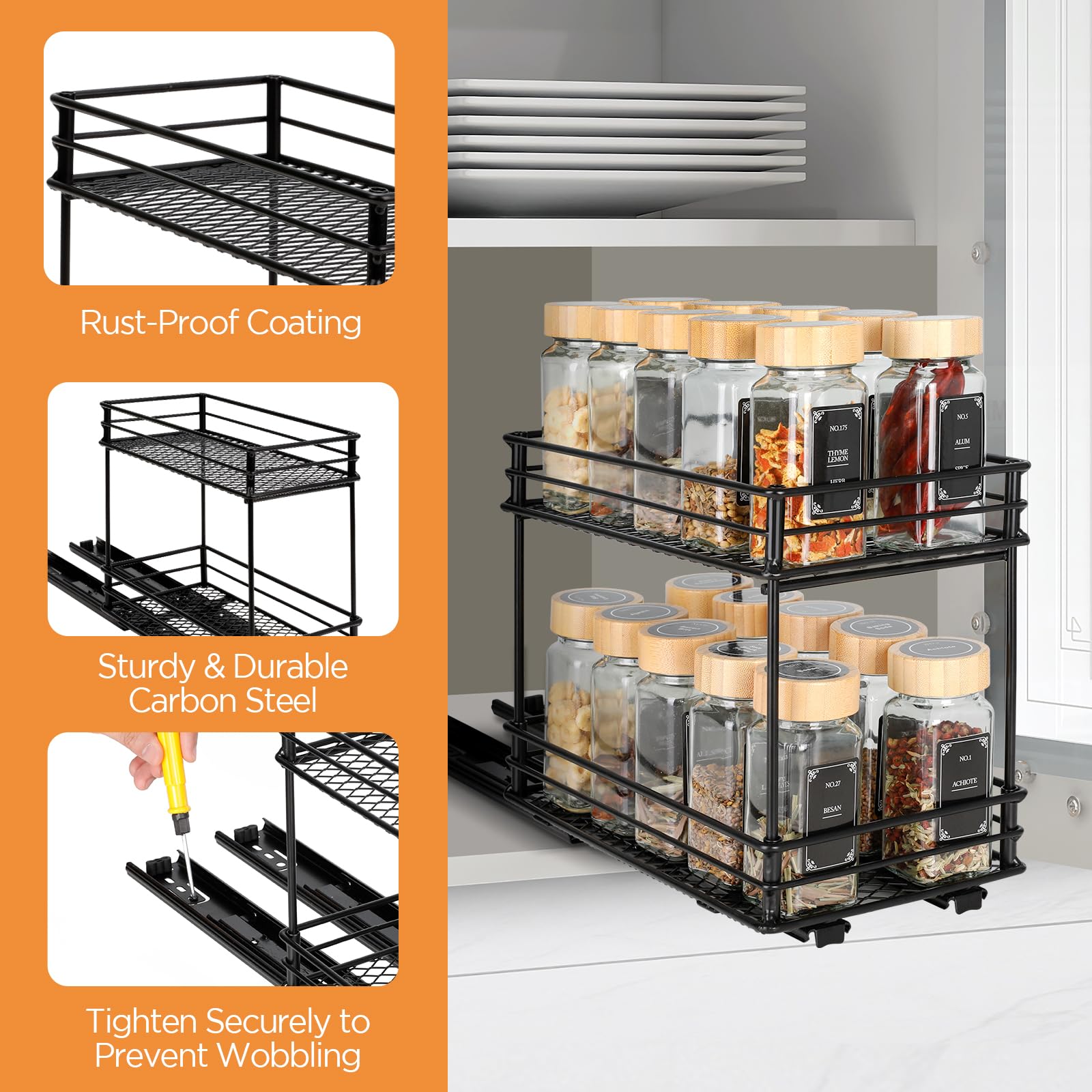 VINATO Organizador Deslizante de Especias de 2 Niveles – Estante para Especias con Guías, Organizador de Cocina para Armario (26x15x21,8 cm)