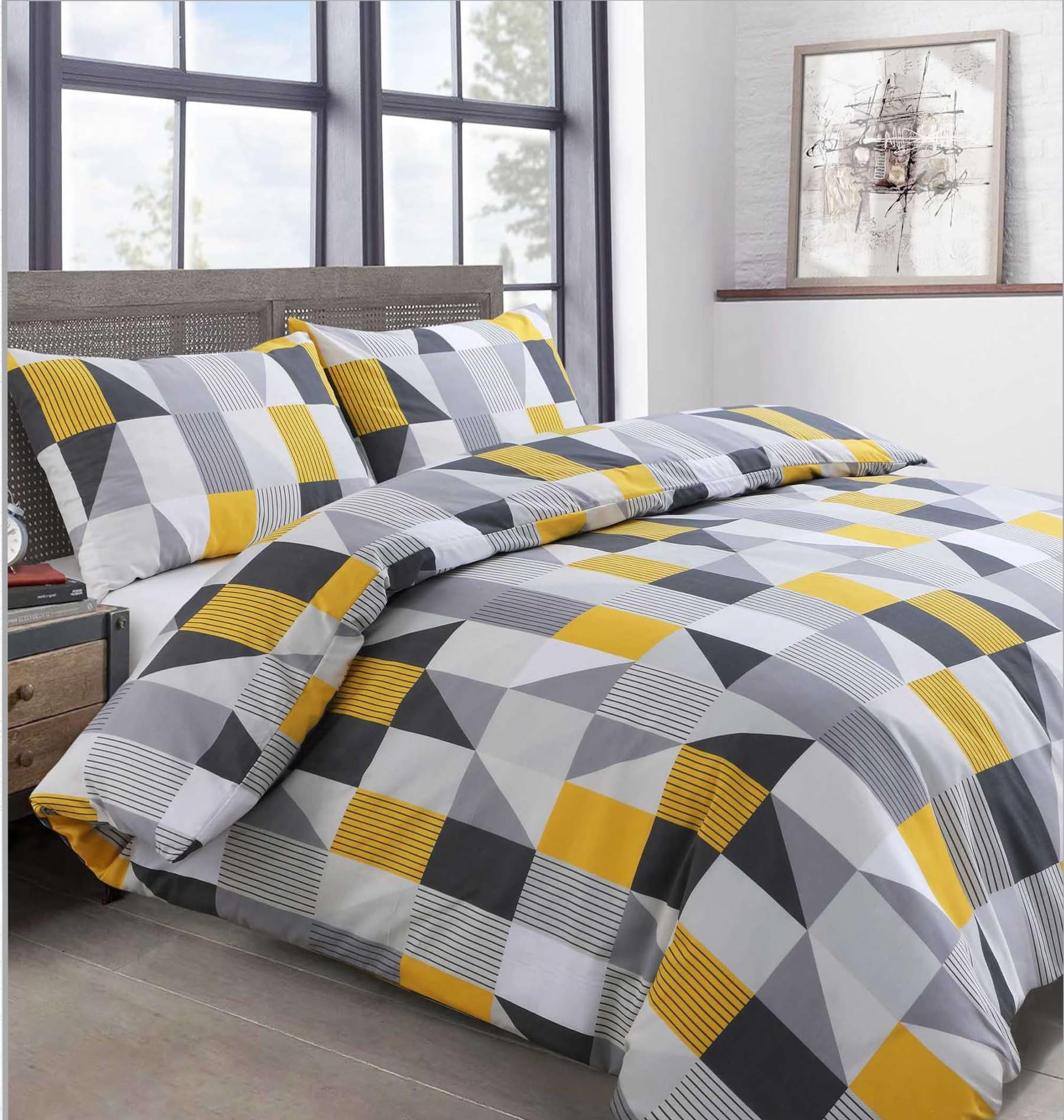 Velosso Cotton Blend King Size Duvet Cover Set, Geometric Patchwork Design, 3 Piece Bedding Set with 2 Pillowcases, Button Closure (Yellow)
