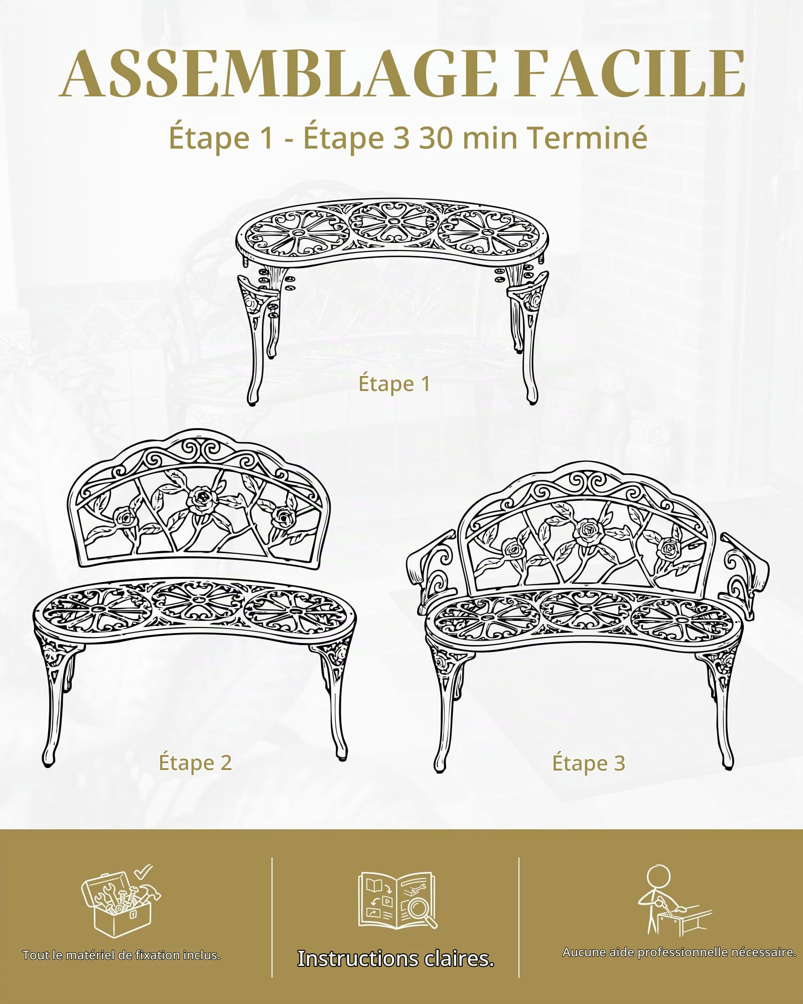 Banc de Jardin 2 Places, Banc d'Extérieur Métal 91cm Style Rétro Bronze avec Dossier Fleuri, Banquette de Jardin Robuste pour Terrasse Balcon Patio Jardin