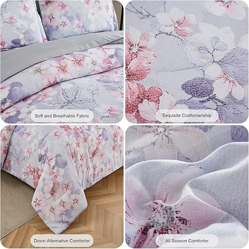 Miniatura 6 de Juego de edredón floral de 7 piezas, juego de edredón y sábanas de flores botánicas, juego de edredón ligero de microfibra suave para todas las
