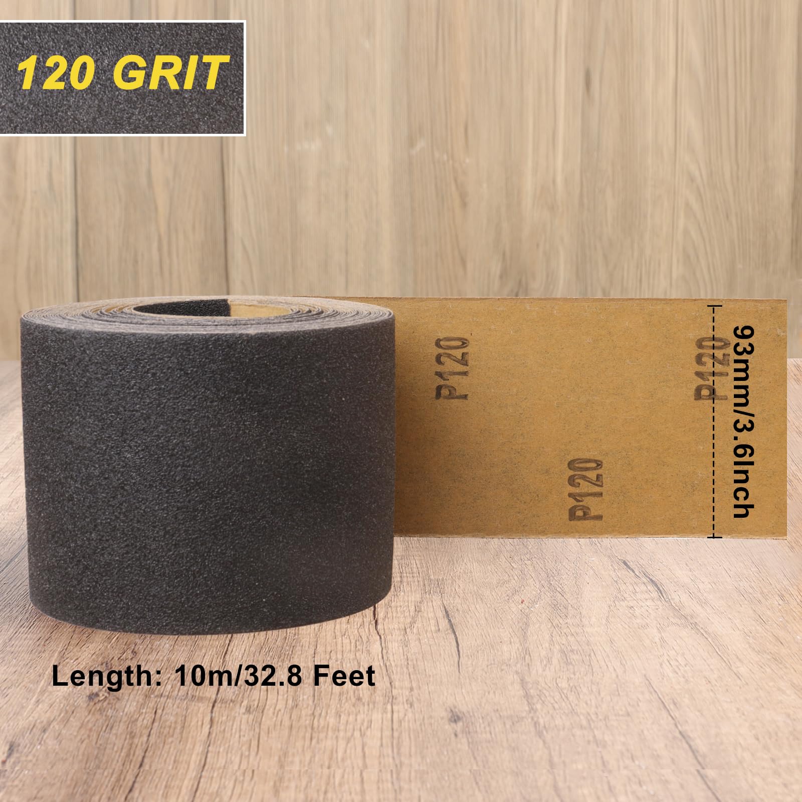 Rollo de Papel de Lija Carburo de Silicio Grano 120, 93 mm x 10 m, para lijar madera, pintura, yeso, relleno, metal y más, papel de lija de 93 mm de ancho compatible