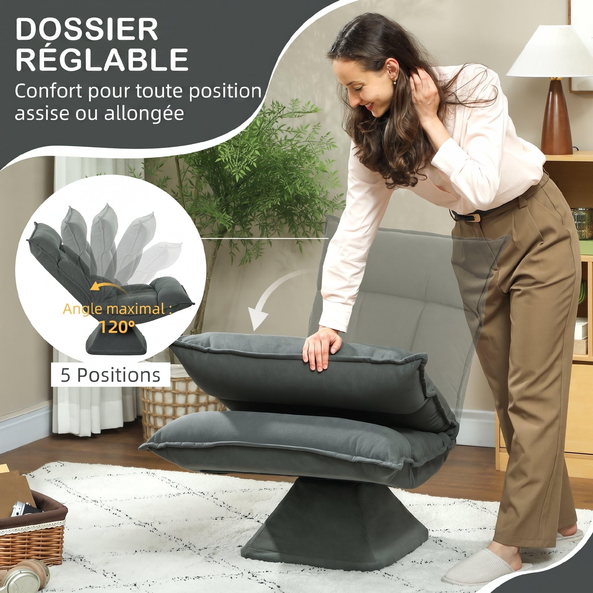 HOMCOM Chaise de Sol Pivotante à 360°, Fauteuil Pliable en Velours avec Dossier Réglable 5 Positions, Chaise Méditation Rembourrée pour Salon, Gaming et Lecture, Gris Foncé