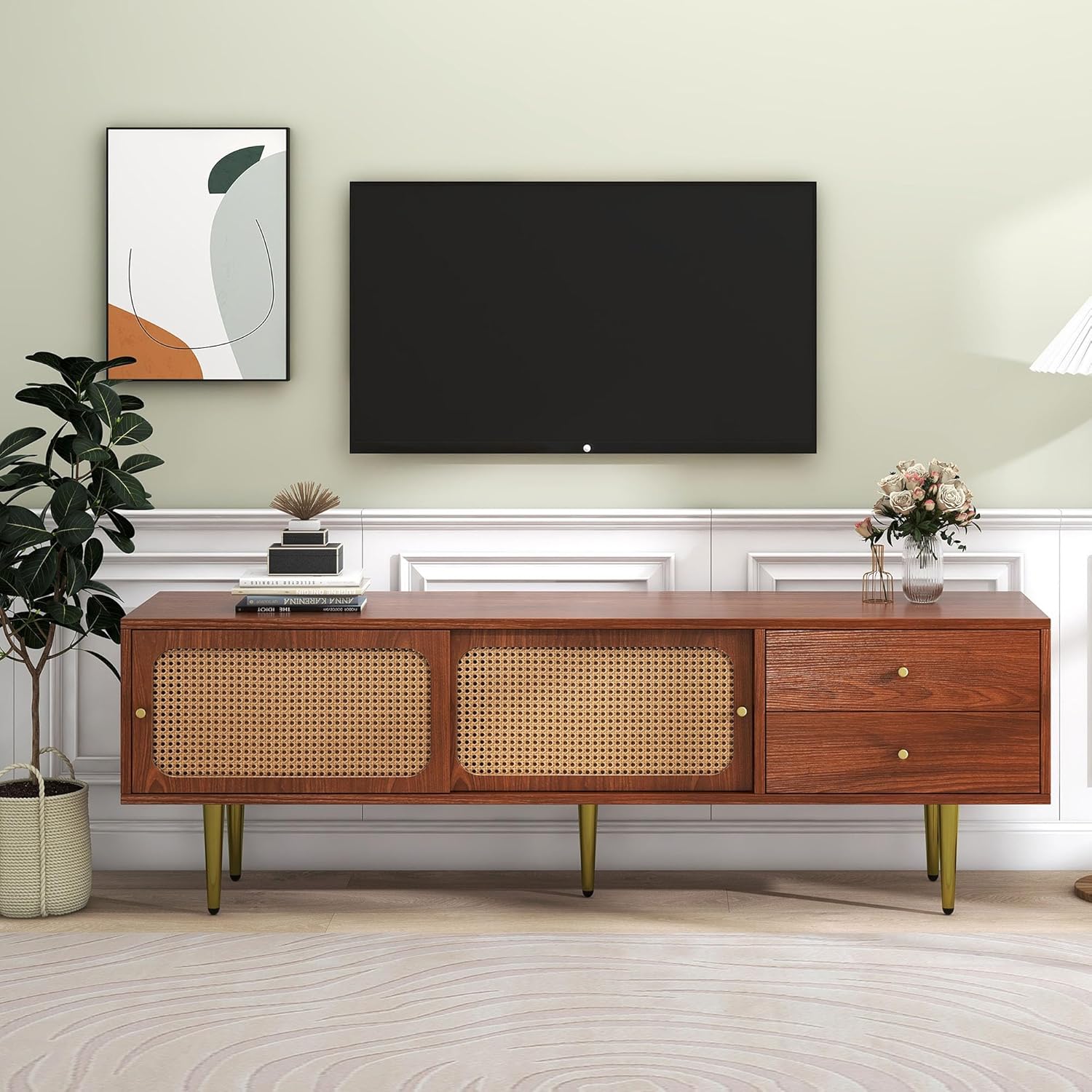 ModernLuxe TV Stand Vintage Rattan TV Table, Sleek TV with 2 Doors and 2