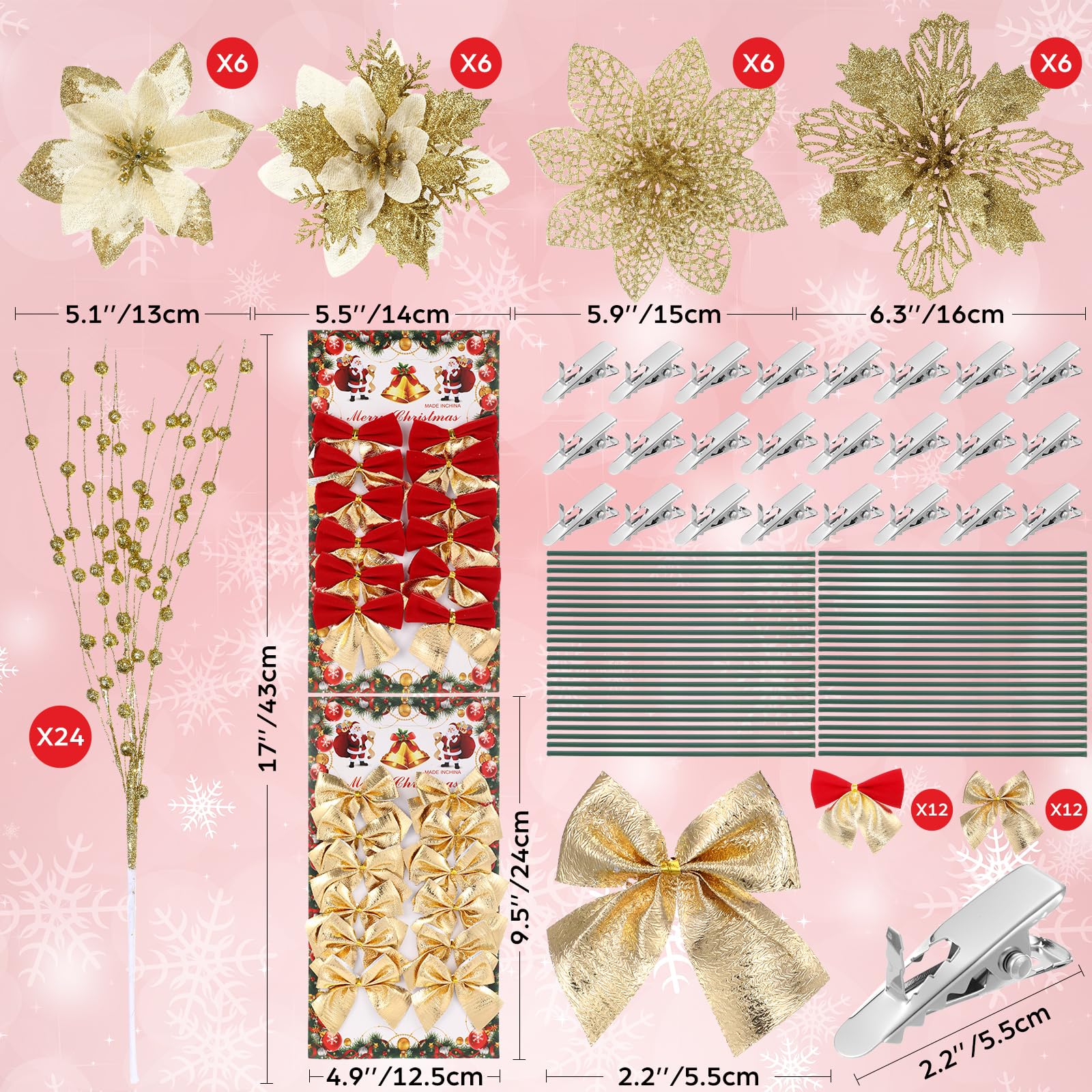 Leumoi 54 Stück 4 Stile Weihnachtssterne künstliche Beeren Picks Weihnachtsbaum Ornamente Kit Glitzer Blumen mit Schleifen, Stielen, Clips, Floral Weihnachtsdekorationen für Kranz Kamine (Gold)