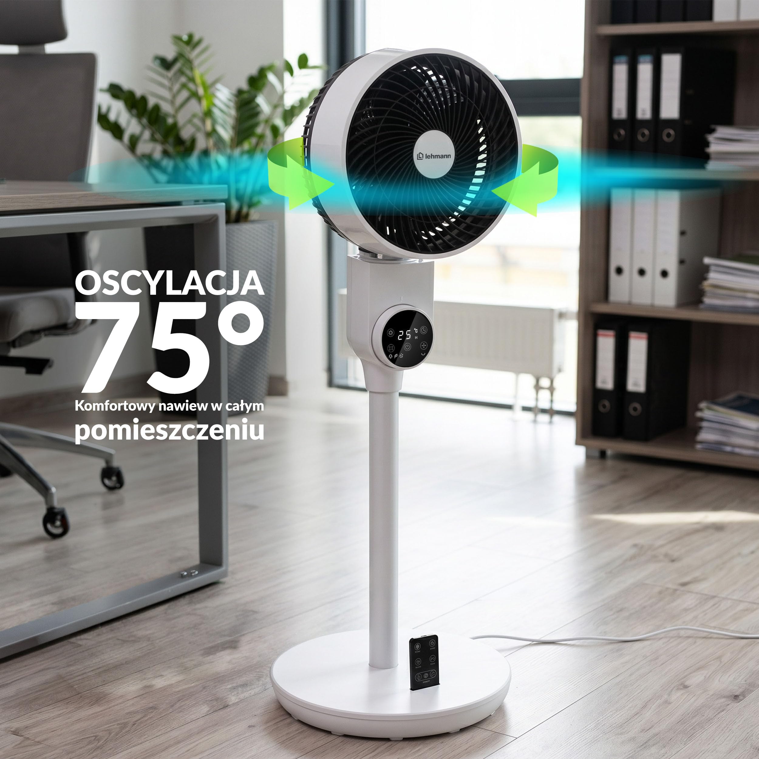 LEHMANN Wentylator stojący, cichy wentylator z trybem uśpienia i trybem naturalnym, timer 12 h, pilot zdalnego sterowania, wyświetlacz LED, oscylacja pozioma 75° + ręczne nachylenie pionowe 90°, 3