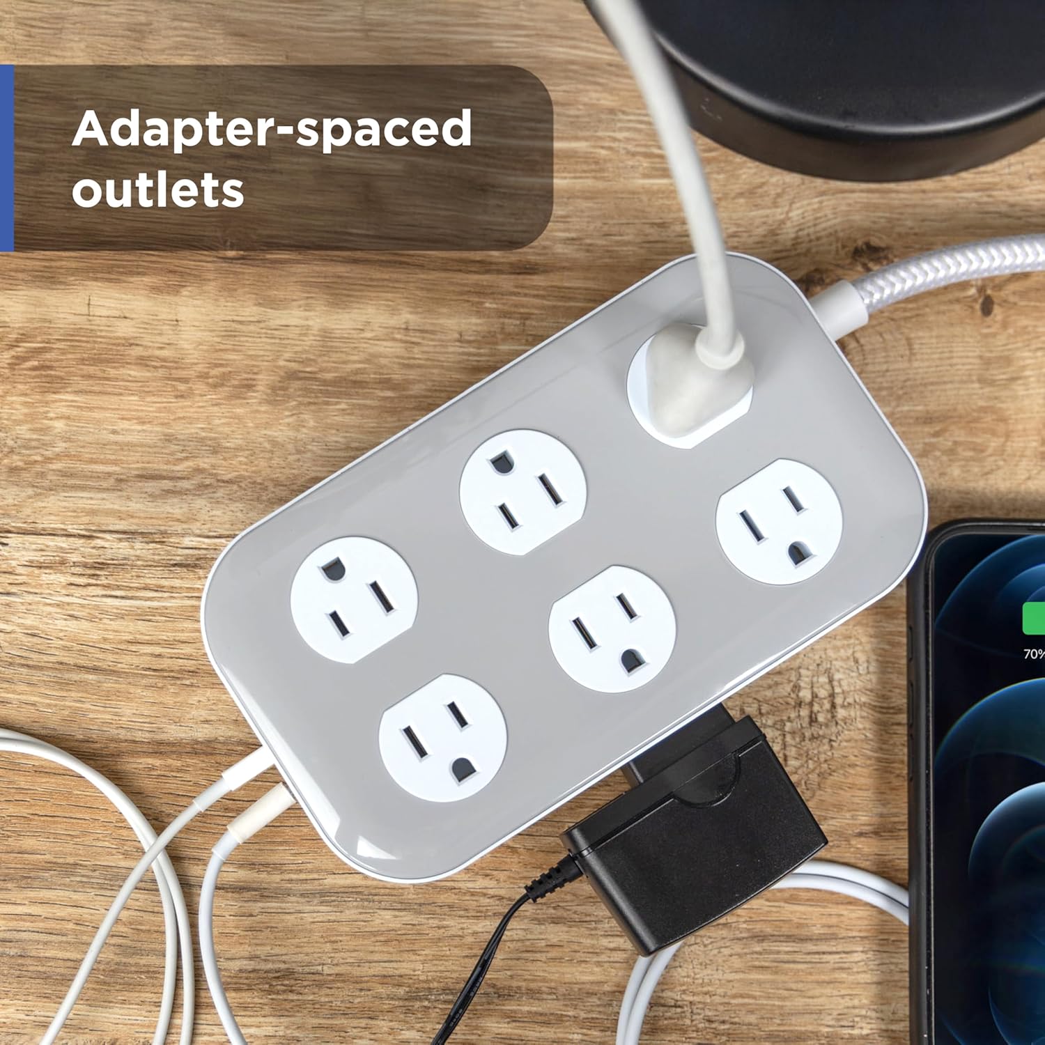 GE 12-Outlet Surge Protector with 6ft Braided Cord, Power Strip, Extension Cord, Flat Plug, 2 USB-A & 1 USB-C Port, 2100 Joules, for Home School & Office, Charging Station, White, 84214