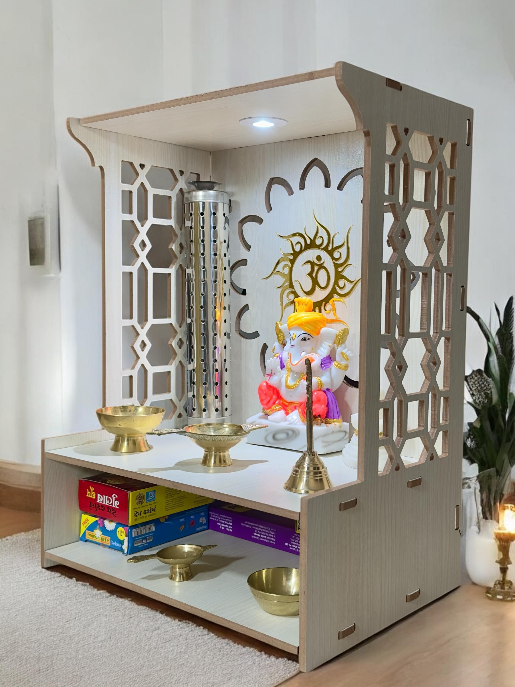 Wooden Pooja Stand for Home Pooja Mandir for Home Temple for Home and Office Puja Mandir for Wall Mounted with LED Spot Light (15.5 x 11.5 x 11 in) White