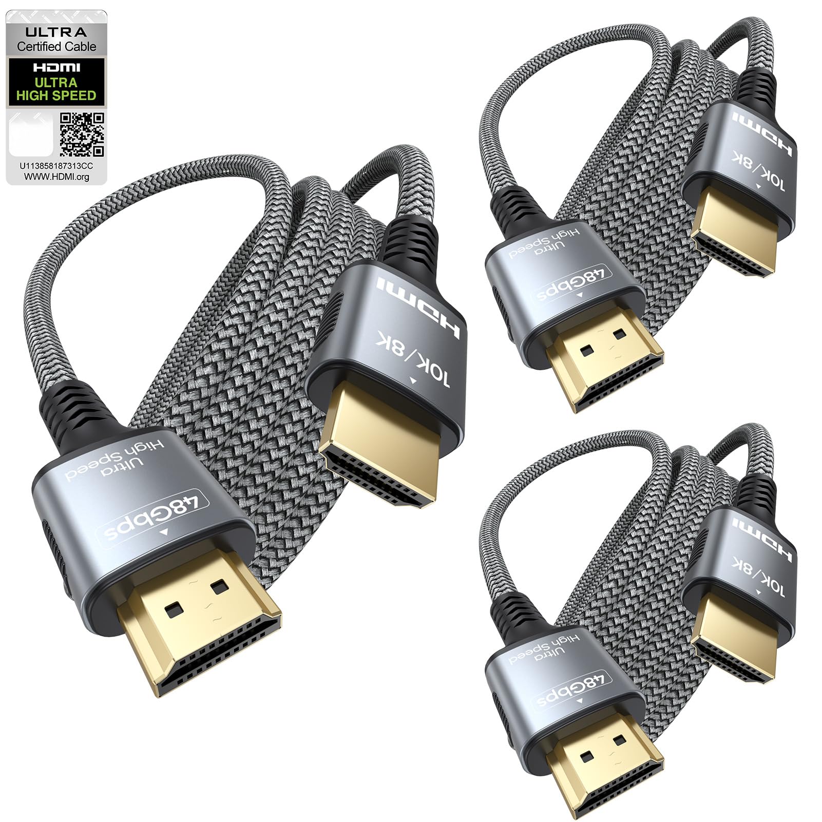 Lot de 3 câbles HDMI certifiés de 1,8 m pour home cinéma, 48 Gbit/s avec eARC et 8K @ 60 Hz, câble HDMI blindé pour barre de son, Roku/Apple TV, PS5, Xbox et projecteur