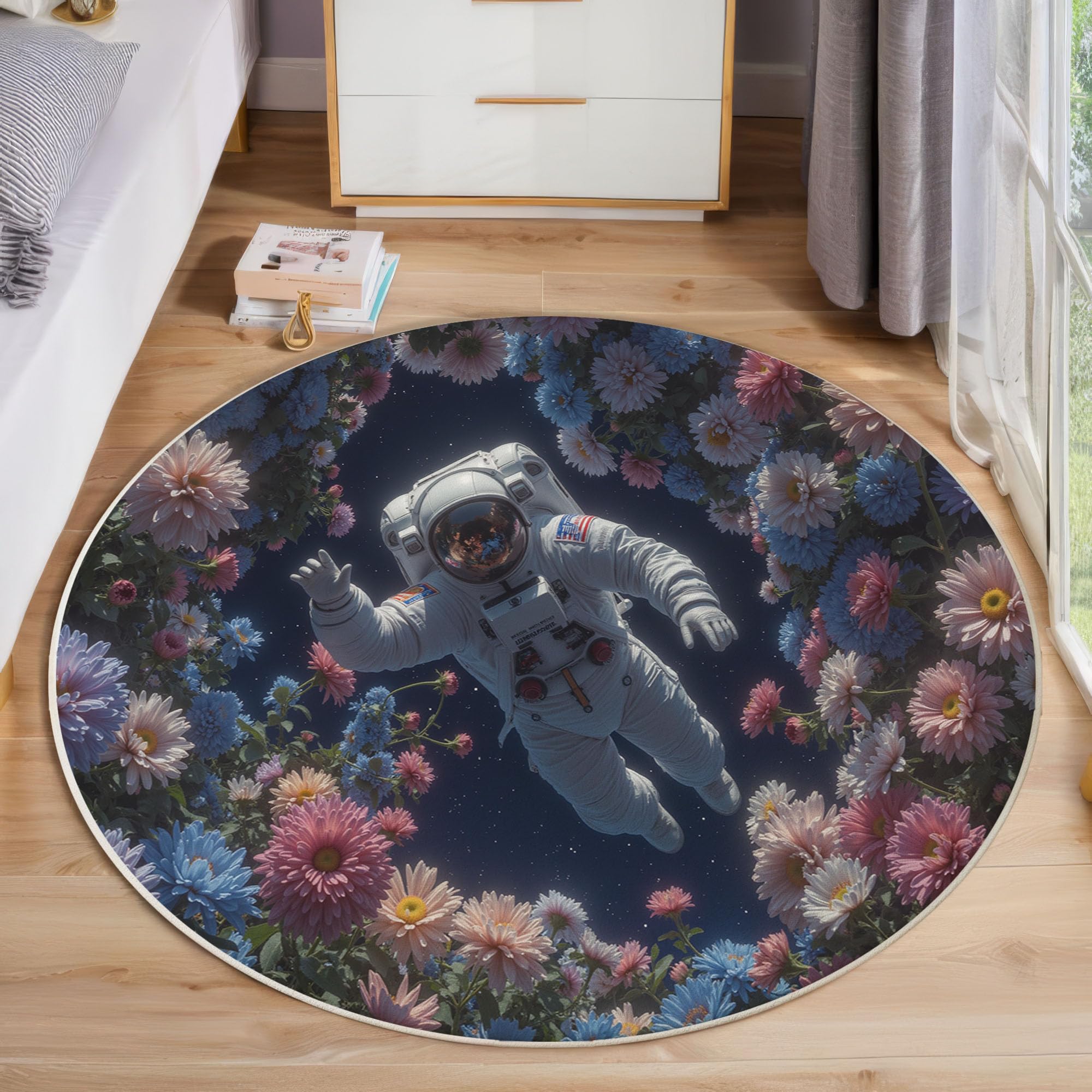Tapis rond de salon au motif fleurs fantastiques pour décorer un coin lecture