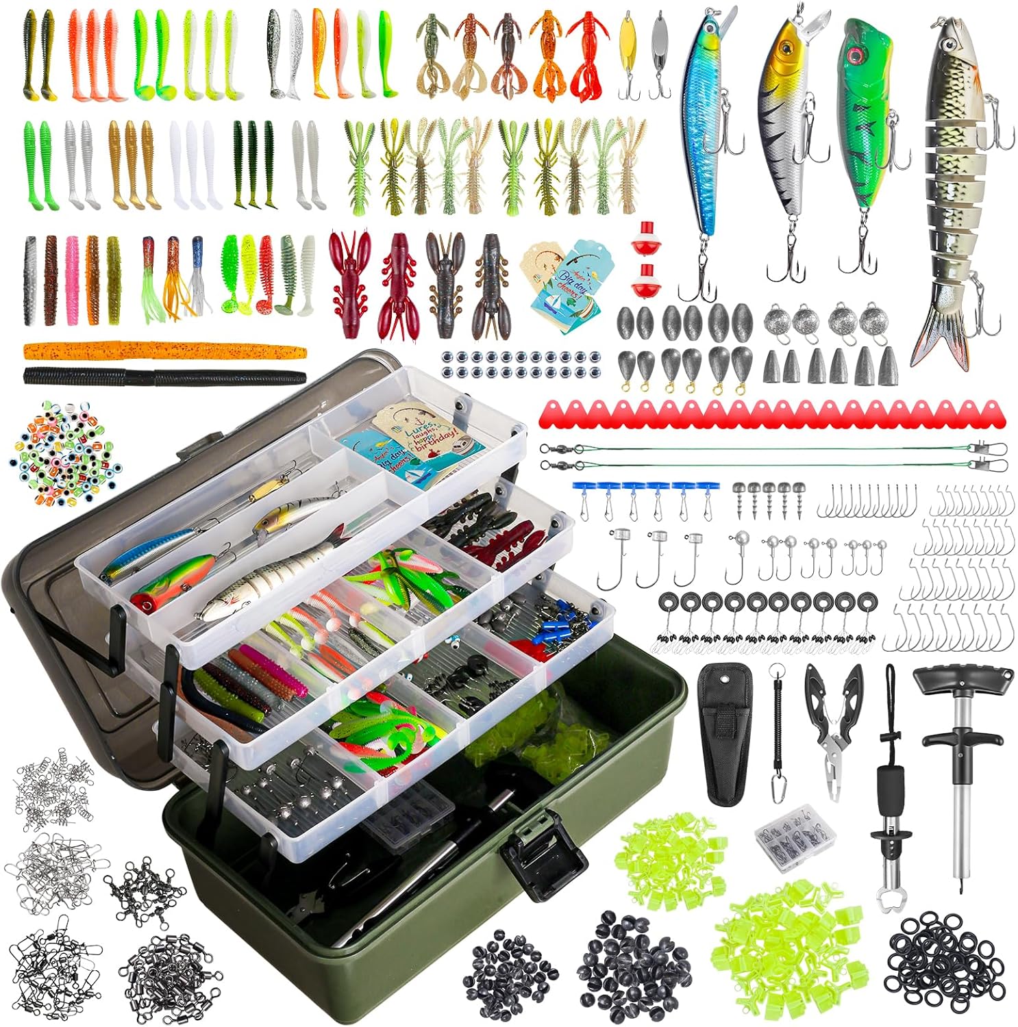 4 Layers Fishing Tackle Box, 605Pcs Fishing Gear Kit with Lures, Small Tool Kit Containing Gripper, Hook Remover, Plier, Accessories, Greeting Cards, Complete Fishing Box for Beginners, Adults