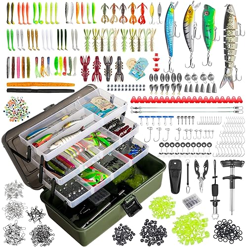 4 Layers Fishing Tackle Box, 605Pcs Fishing Gear Kit with Lures, Small Tool Kit Containing Clip, Hook Remover, Plier, Accessories, Greeting Cards, Fishing Box for Beginners, Kids, Men, Adults