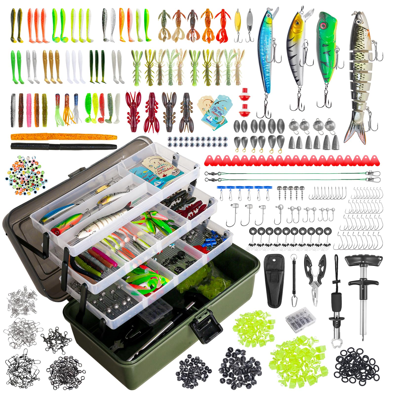 605-Teiliges Angelzubehör Set, 4-Regal Fishing Angelkoffer mit Zubehör,Angel Starterset mit Lippenclips, Hakenentferner, Forellenköder, Barsch Köder, Blei-Gewichten, Haken, Angelgeschenk für Männer