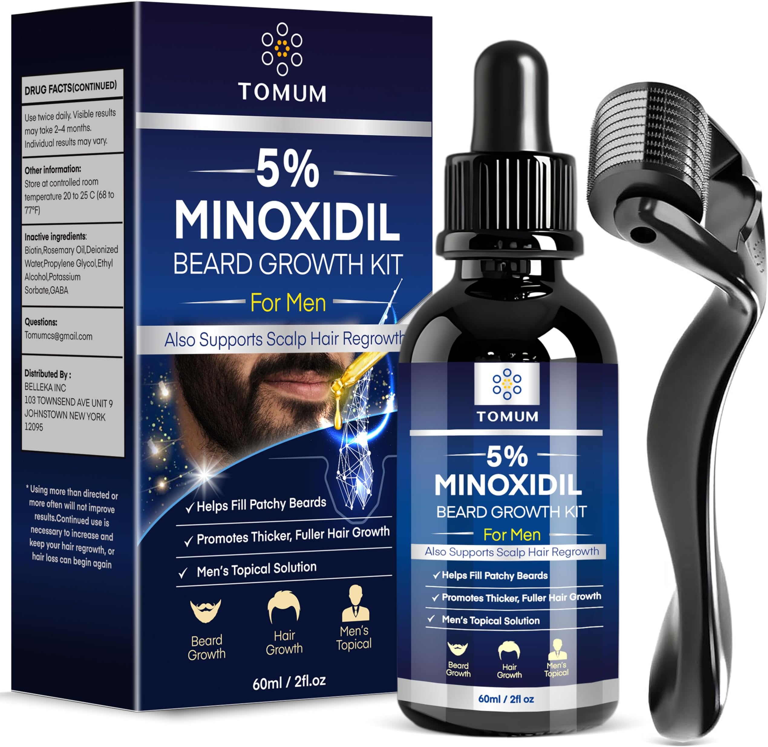 TOMUM 5% Minoxidil Beard Growth Kit for Men โ Hair & Beard Regrowth Serum, Helps Fill Patchy Beards, Thicker Fuller Facial & Scalp Hair, Topical Solution
