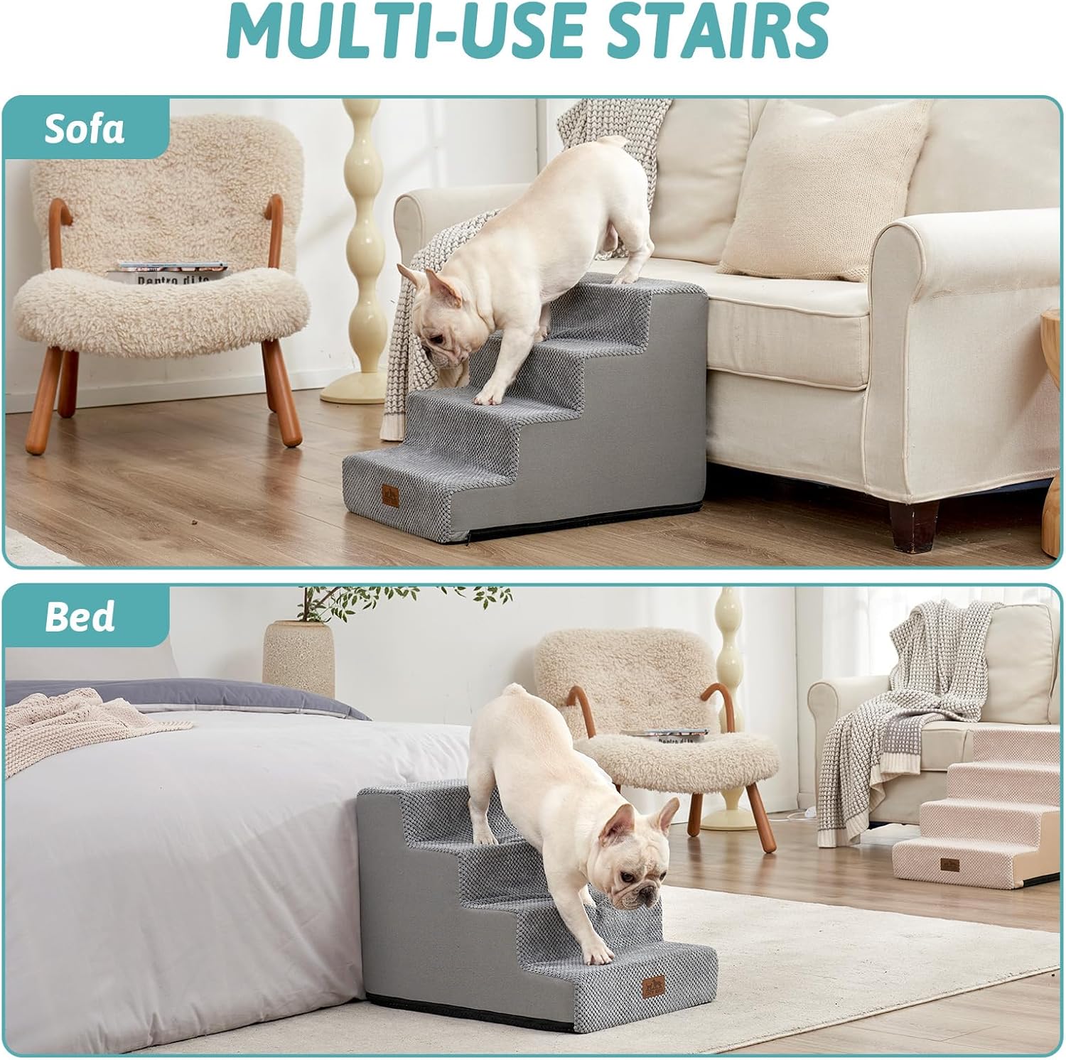 COZY KISS Dog Stairs for Small Dogs, 4 Tier Wider Pet Stairs for Couch and Beds, 17.7" H Non-Slip Dog Steps for Old Cats, Puppy, Small Medium Dogs, 17.7x23.6x17.7 inch, Grey