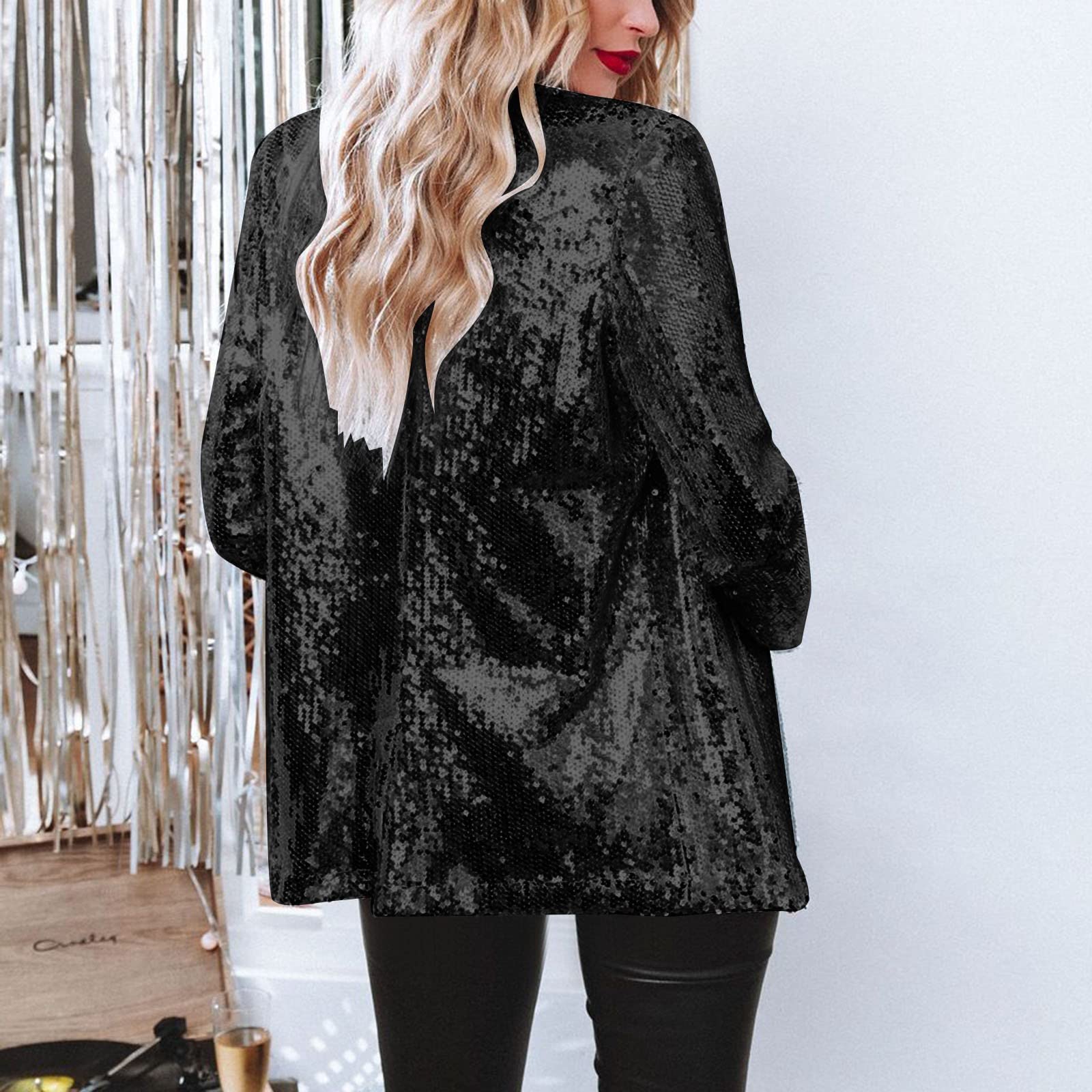Blazer de lentejuelas para mujer de moda de manga larga abrigo elegante abierto frente blazer brillante fiesta club