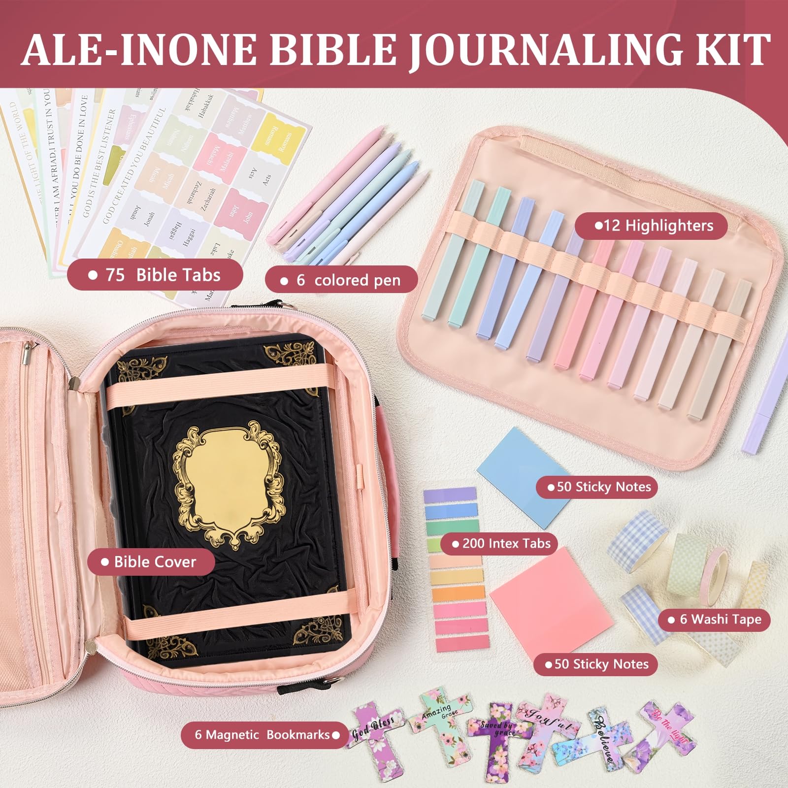 Funda para la Biblia para mujer, bolsa grande para la Biblia con correa para el hombro, soporte de suministros de estudio bíblico incluye pestañas resaltadoras, estuche de kit de diario empaquetado en