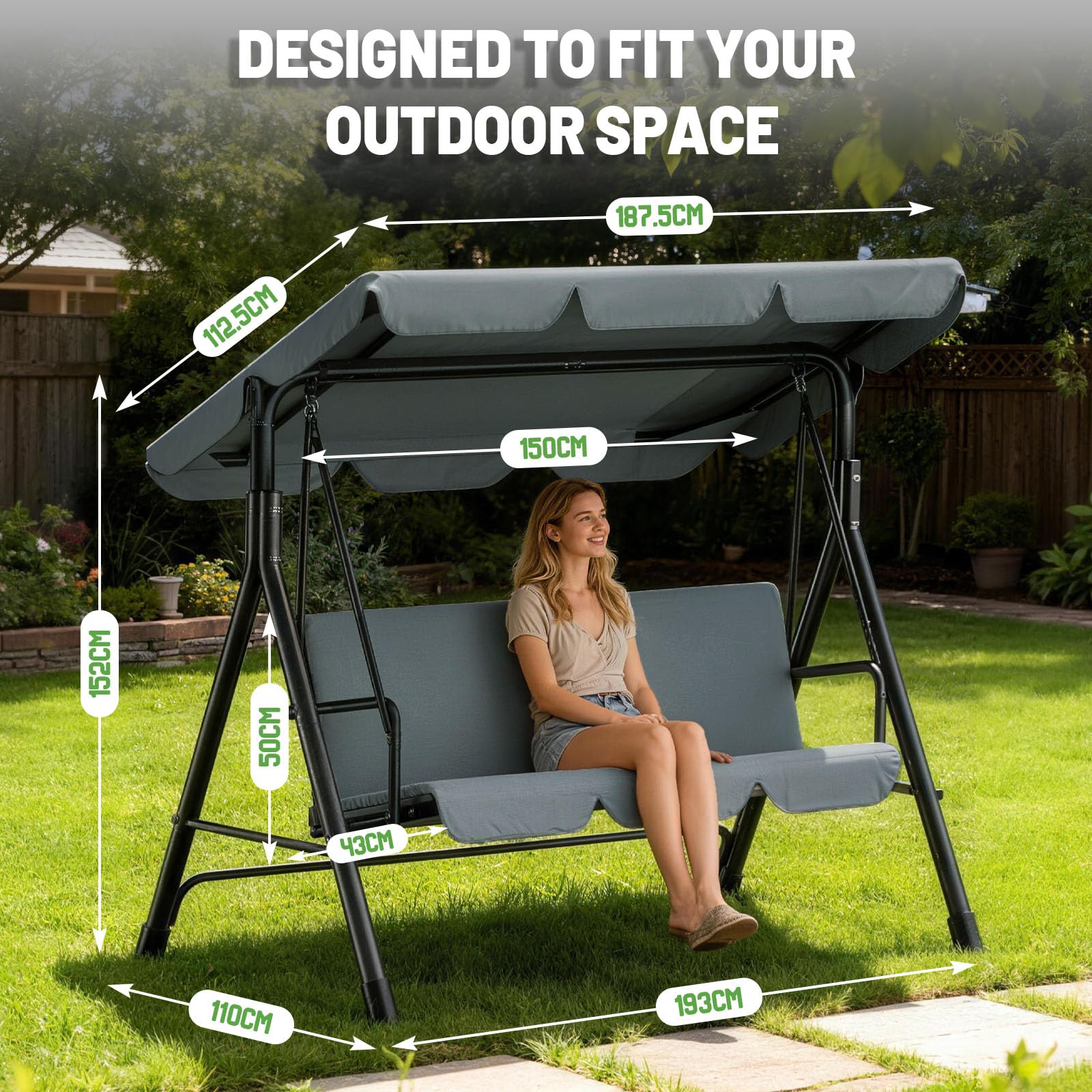 Balancelle de Jardin 3 Places avec Toit Réglable – Balançoire Extérieure avec Coussin Confortable, Capacité 200kg – Dimensions 193x110x152cm (Anthracite)