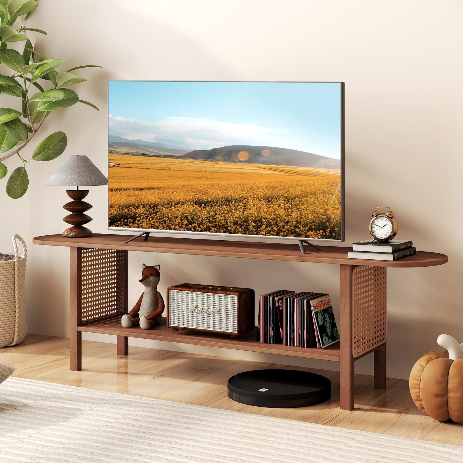 HollyHOME TV Schrank Bambus TV Lowboard Rattan 140cm Fernsehschrank Fernsehtisch TV Bank 2-stöckige TV Tish TV Table für Wohnzimmer Schlafzimmer, Dunkel