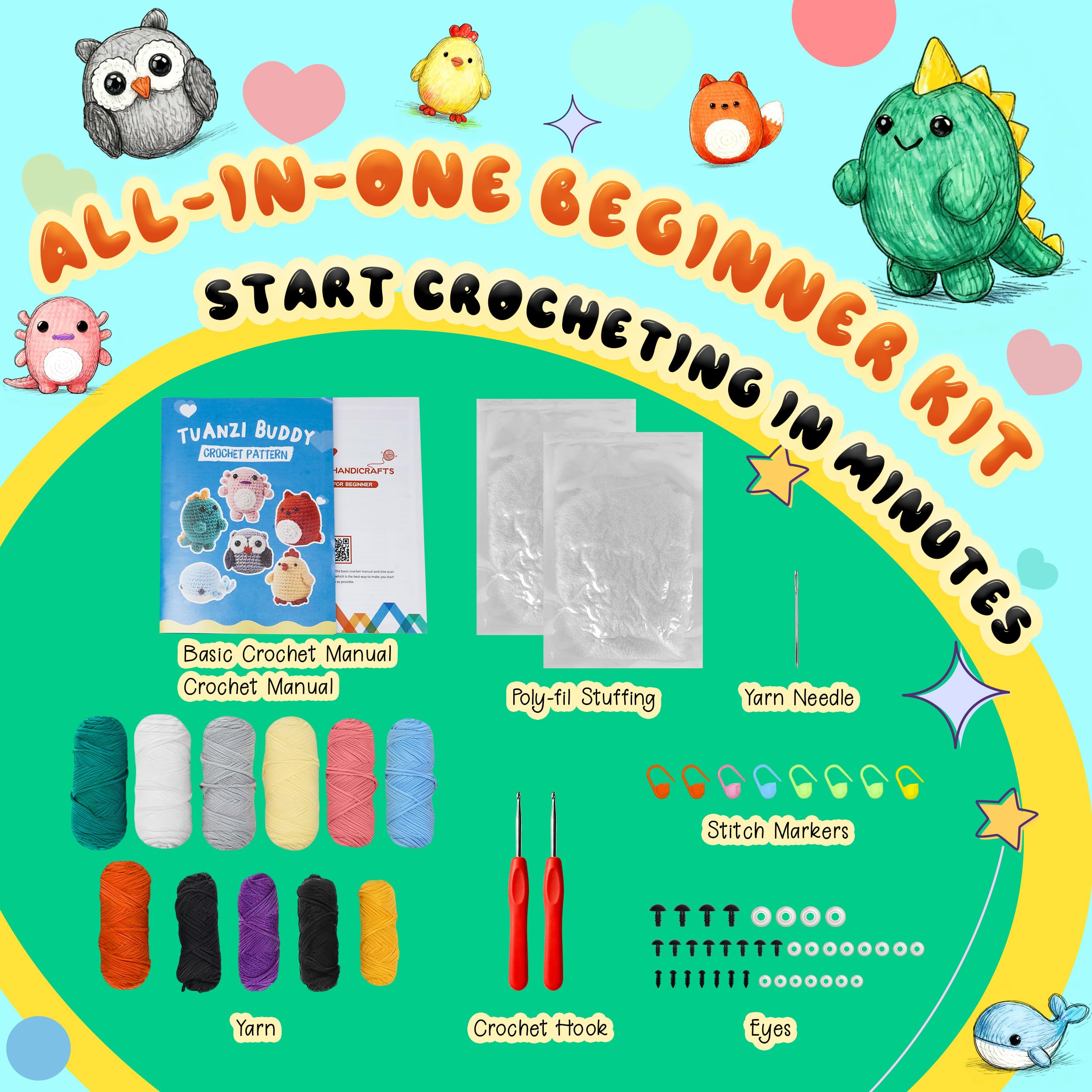 Beginner Crochet Kit - 6 Animal Family with Video -3