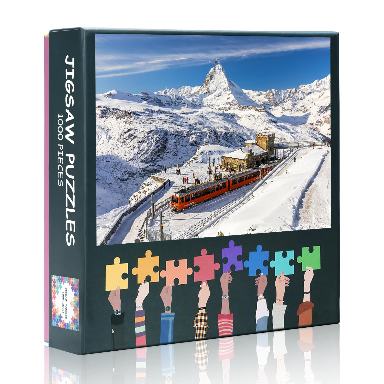 1000 Piece Swiss Alps Jigsaw Puzzles - Red Cable Car at Gornergrat Station with Tourists, Snowy Landscape, and Majestic Matterhorn Peak - Winter Mountain Puzzle for Adults and Travel Enthusiasts