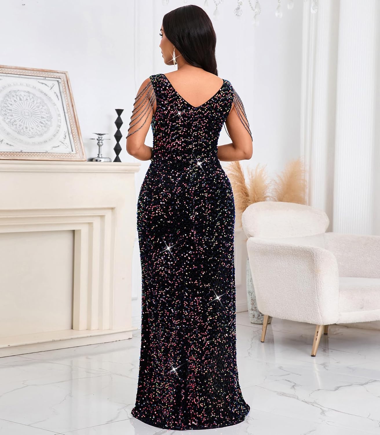 Cololura Women Sexy Elegant Sequin Tassel Mermaid Bodycon Formal Party Gowns Evening Maxi Dress Black - Image 5