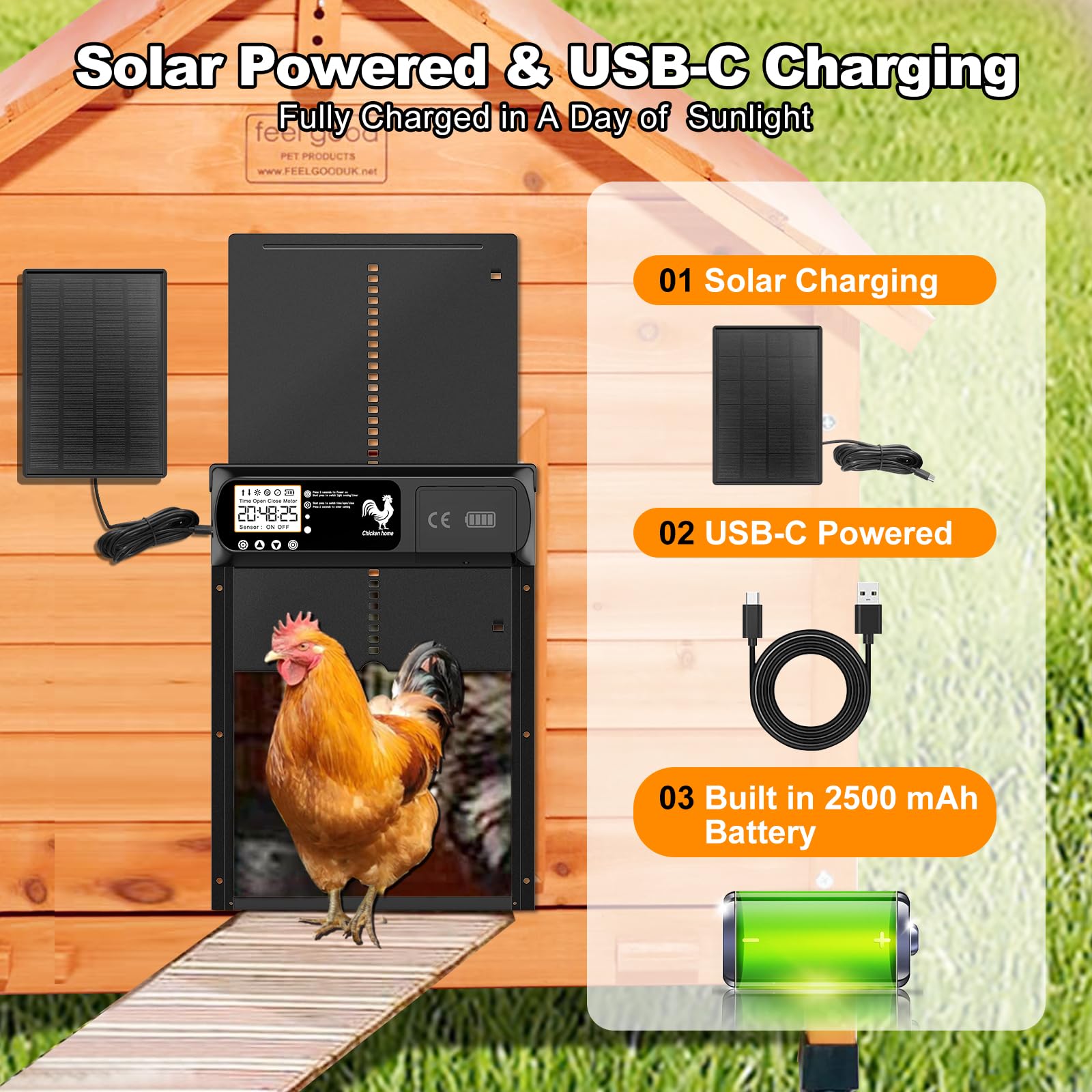 Yoarmyt 2026 Automatische Hühnerklappe Solar, Aluminum Hühnerklappe mit Timer, Lichtsensor, Manuelle, Wasserdicht LED Display, Fernbedienung, Auminum Solar Hühnertür Intelligenter Einklemmschutz