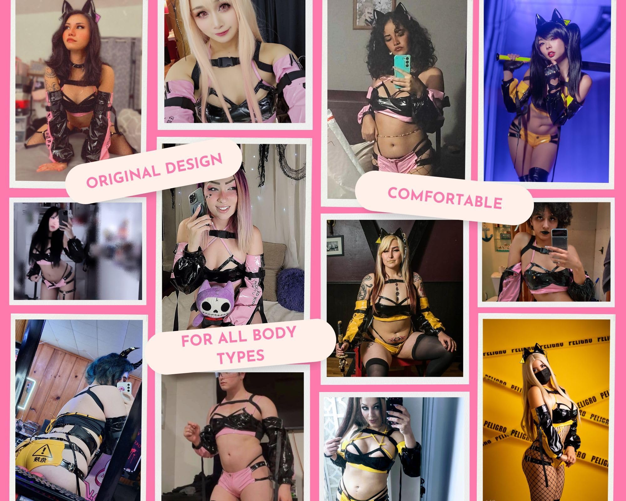 MOEFLAVOR Danger Cyber Cat Outfit Cosplay | Kawaii Anime Bikini Lingerie Maid Costume | Reg & Plus Size: XL/2XL Pink & Black