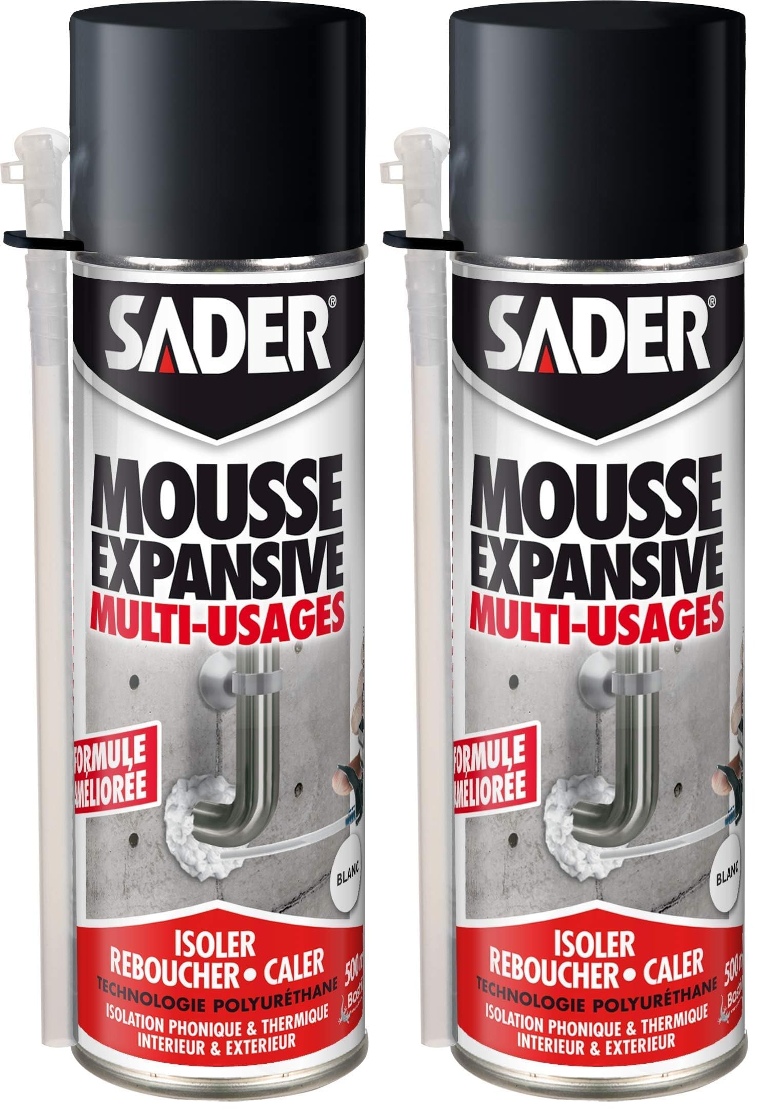 Mousse expansive polyuréthane Sader PU lot de 2 bombes 500ml blanche