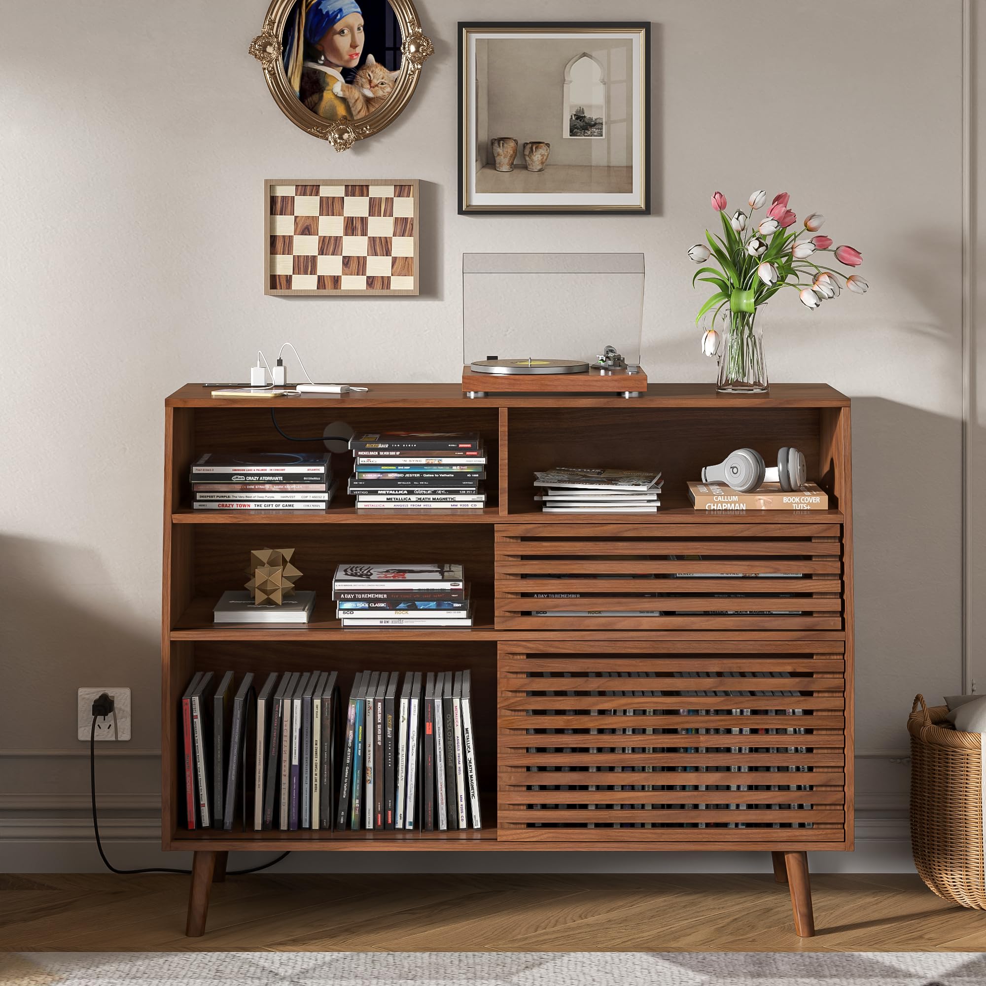 Record Player Stand With Vinyl Storage, Cabinet With Slide Door, Mid Century Modern Turntable Stand, Charging Station Holder for Living Room, Walnut